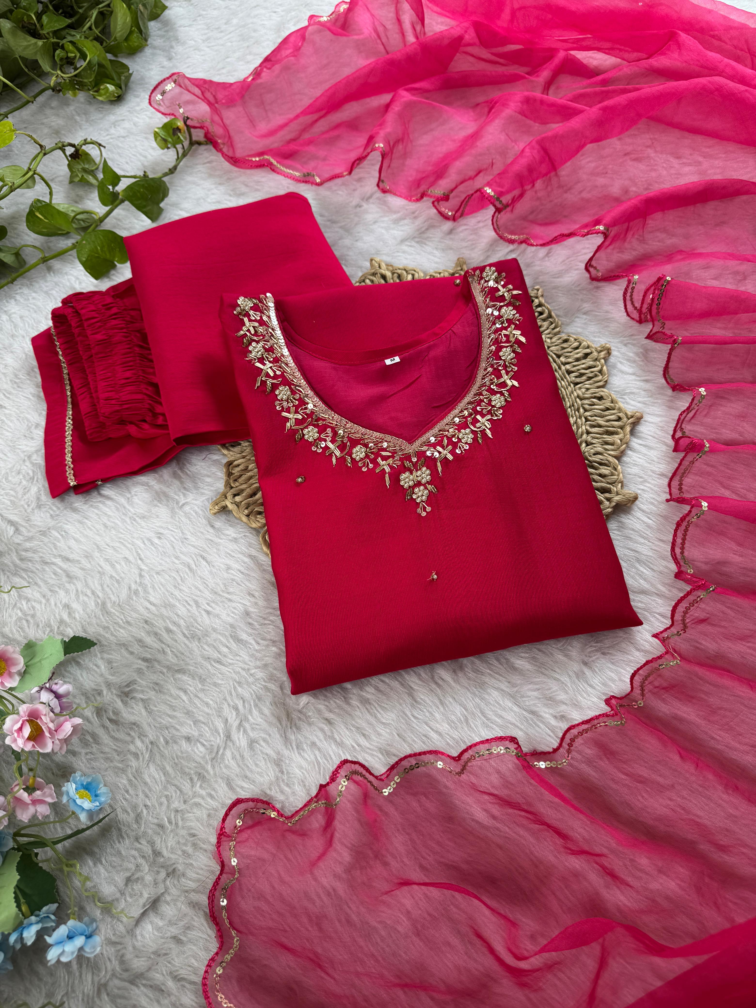 Premium Gadwal Soft Cotton Handwork Sequence Thread Work Top Pent