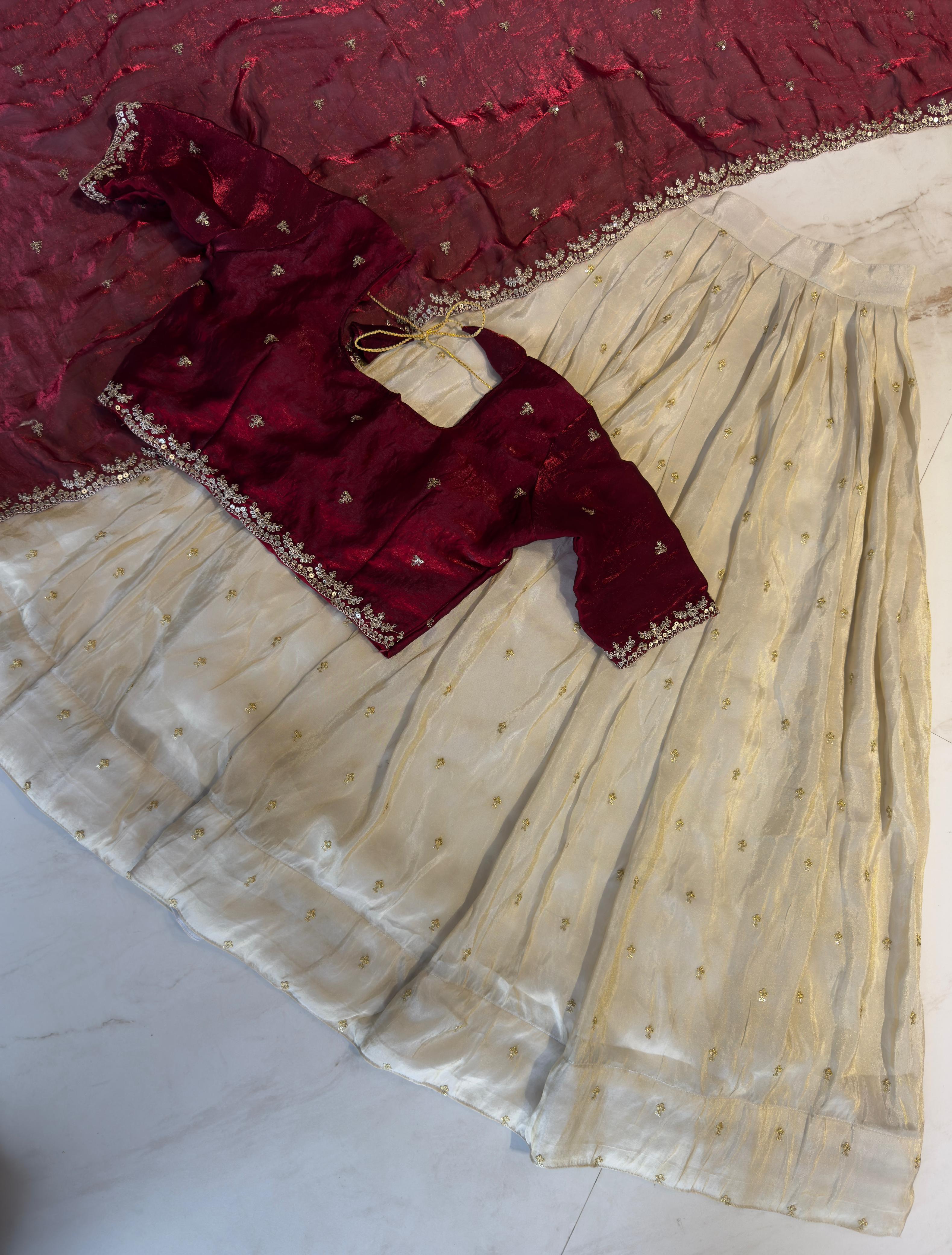 Viscose zari Tissue Silk Lehenga With Butti Work & Glass Tissue Embroidered Cut Work dupatta