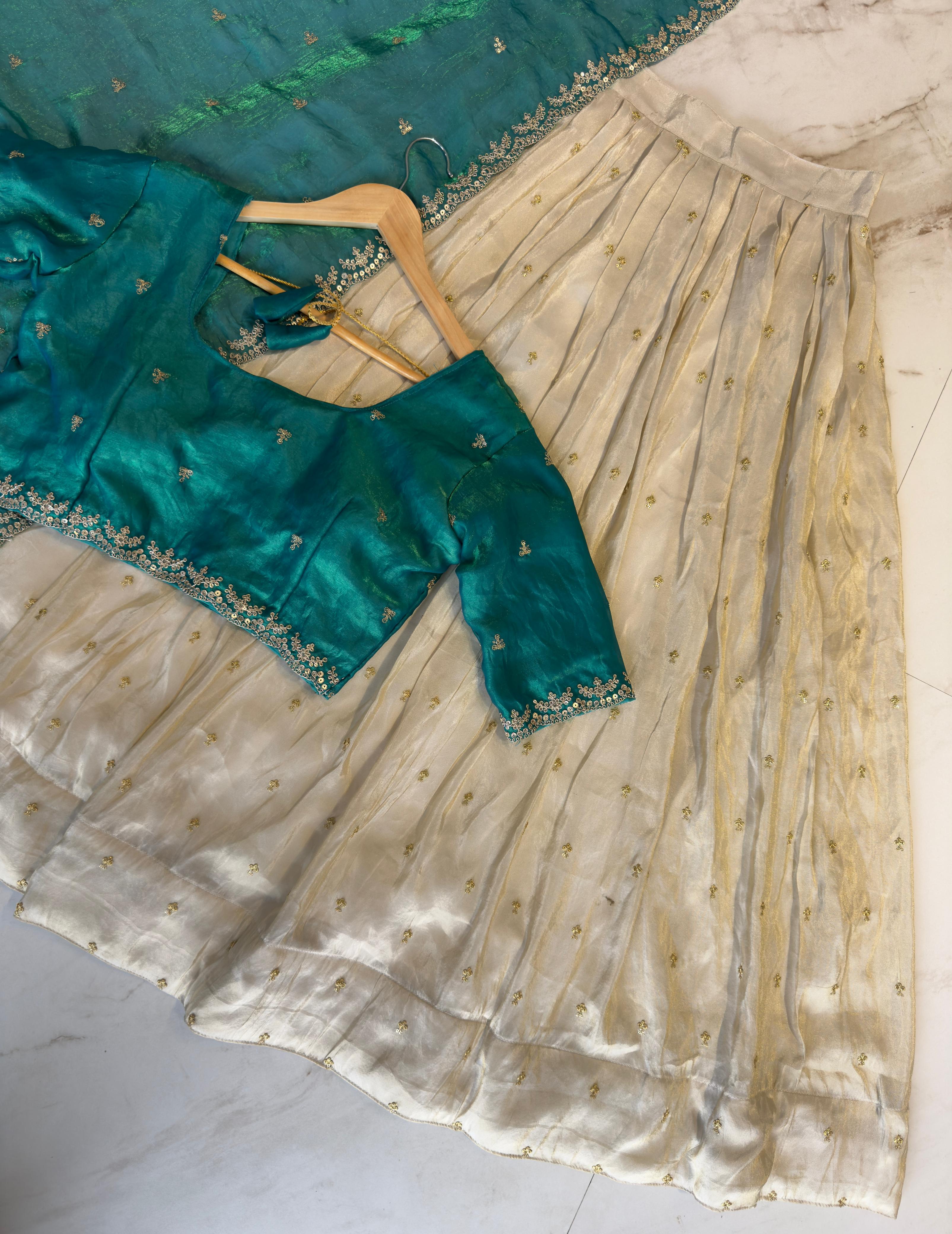 Viscose zari Tissue Silk Lehenga With Butti Work & Glass Tissue Embroidered Cut Work dupatta