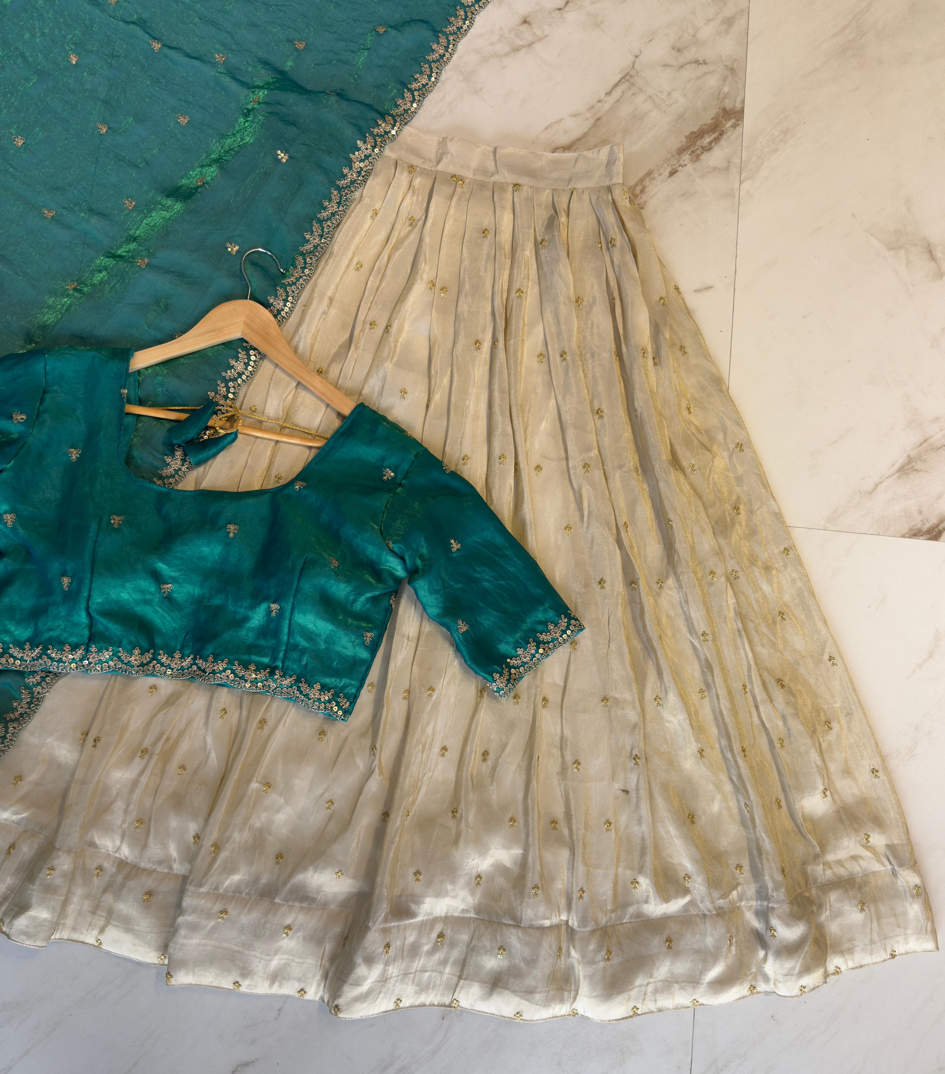 Viscose zari Tissue Silk Lehenga With Butti Work & Glass Tissue Embroidered Cut Work dupatta