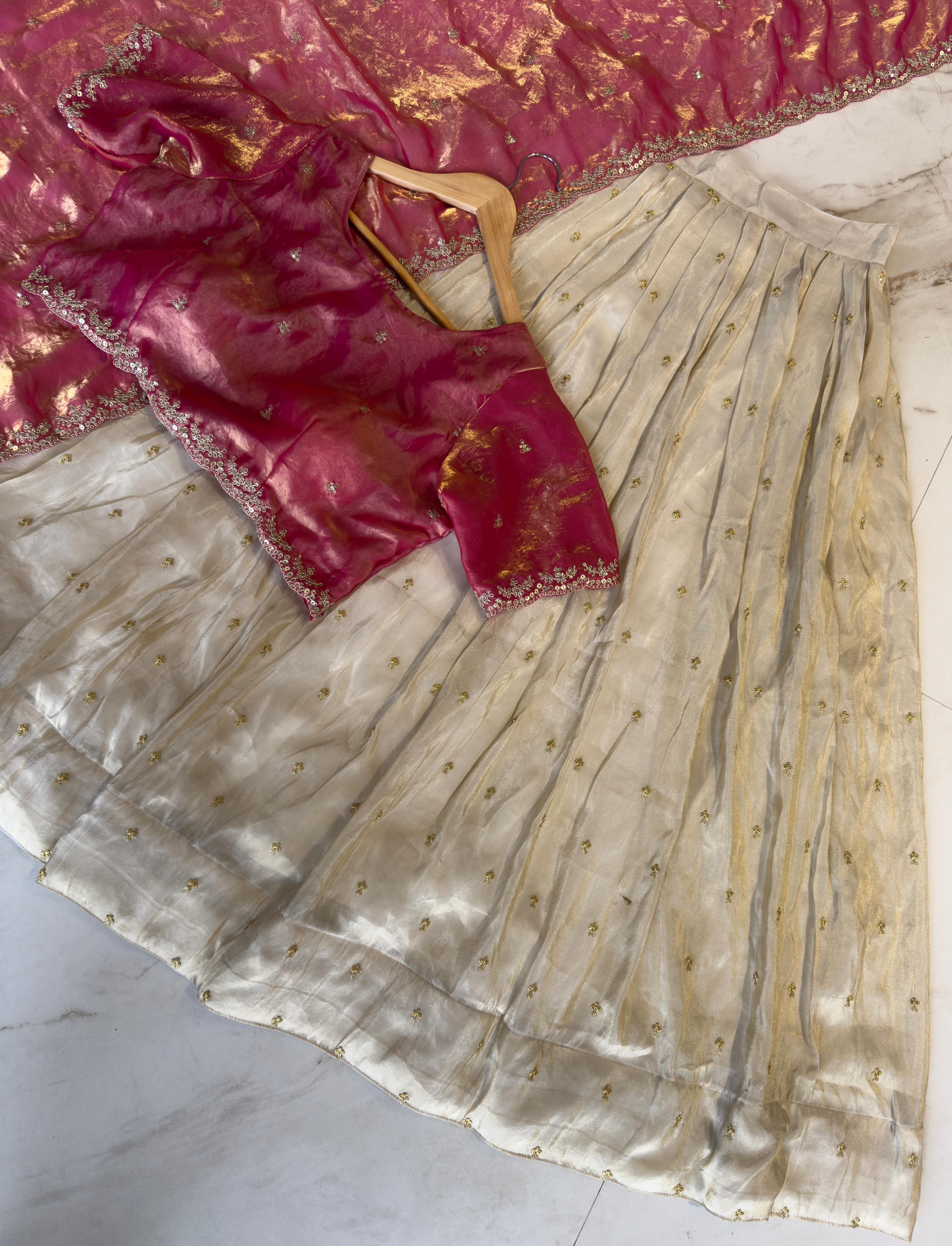 Viscose zari Tissue Silk Lehenga With Butti Work & Glass Tissue Embroidered Cut Work dupatta