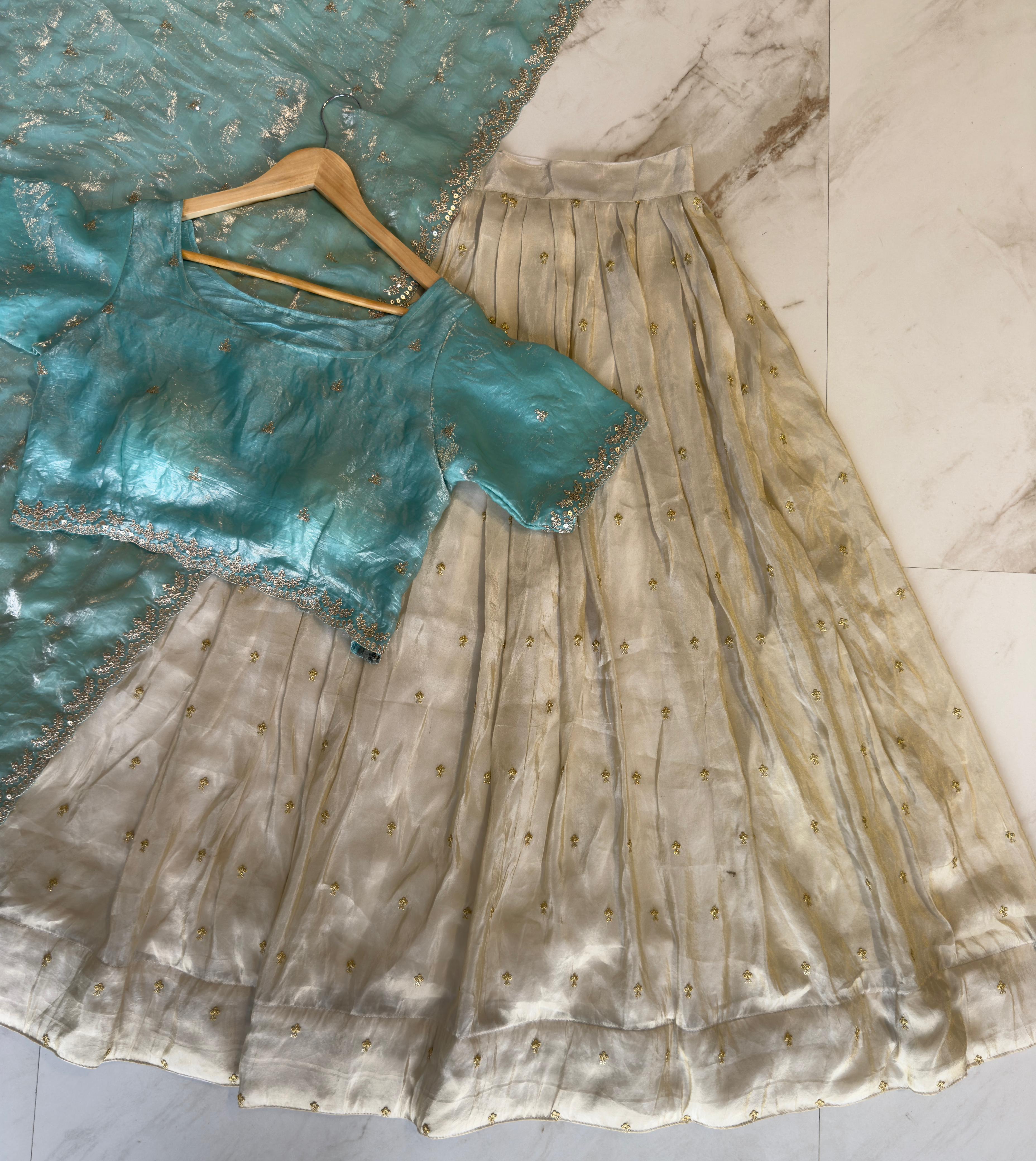 Viscose zari Tissue Silk Lehenga With Butti Work & Glass Tissue Embroidered Cut Work dupatta