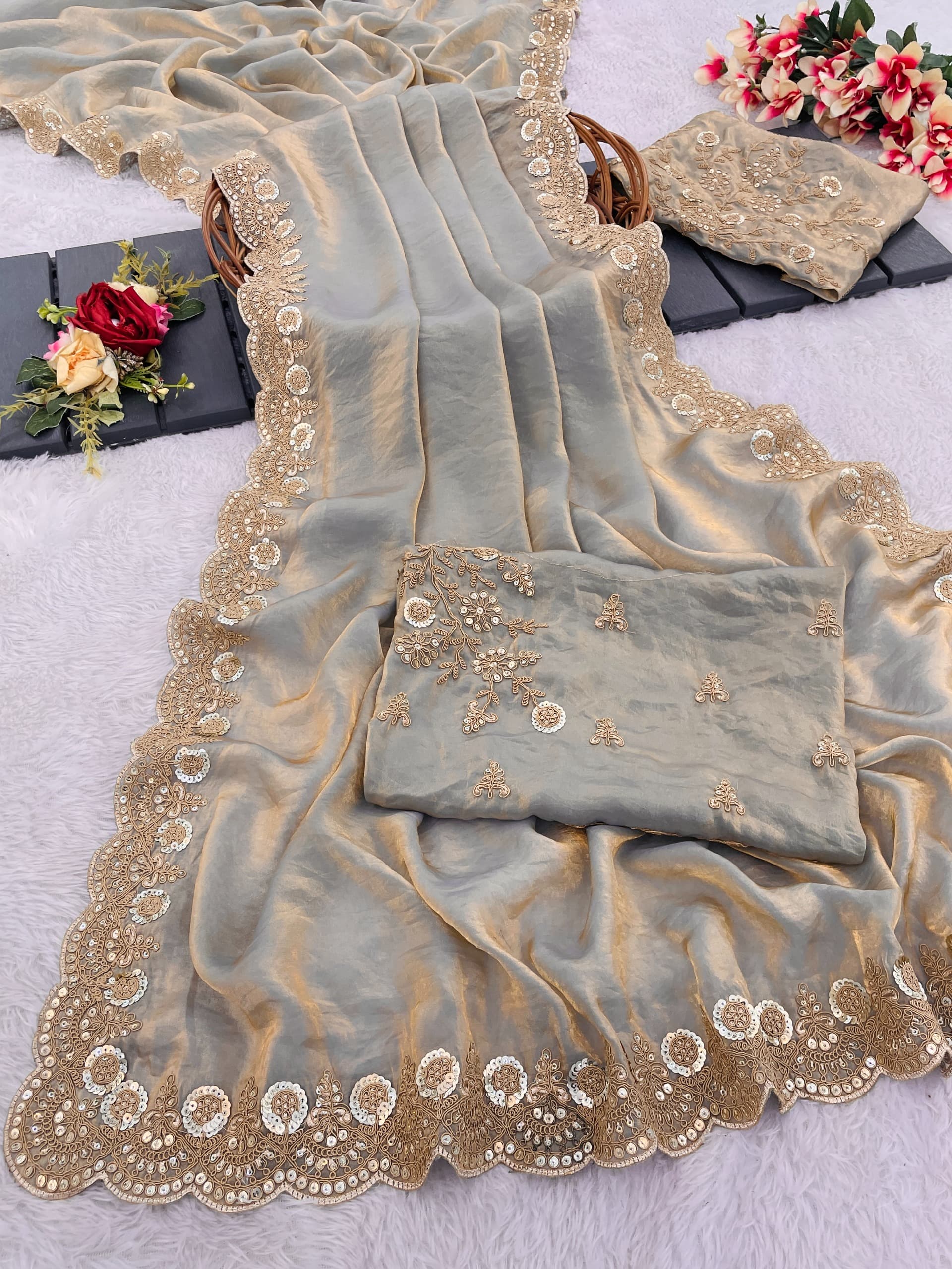 Rich Wear Space Silk With Coding Embroidery Work Saree