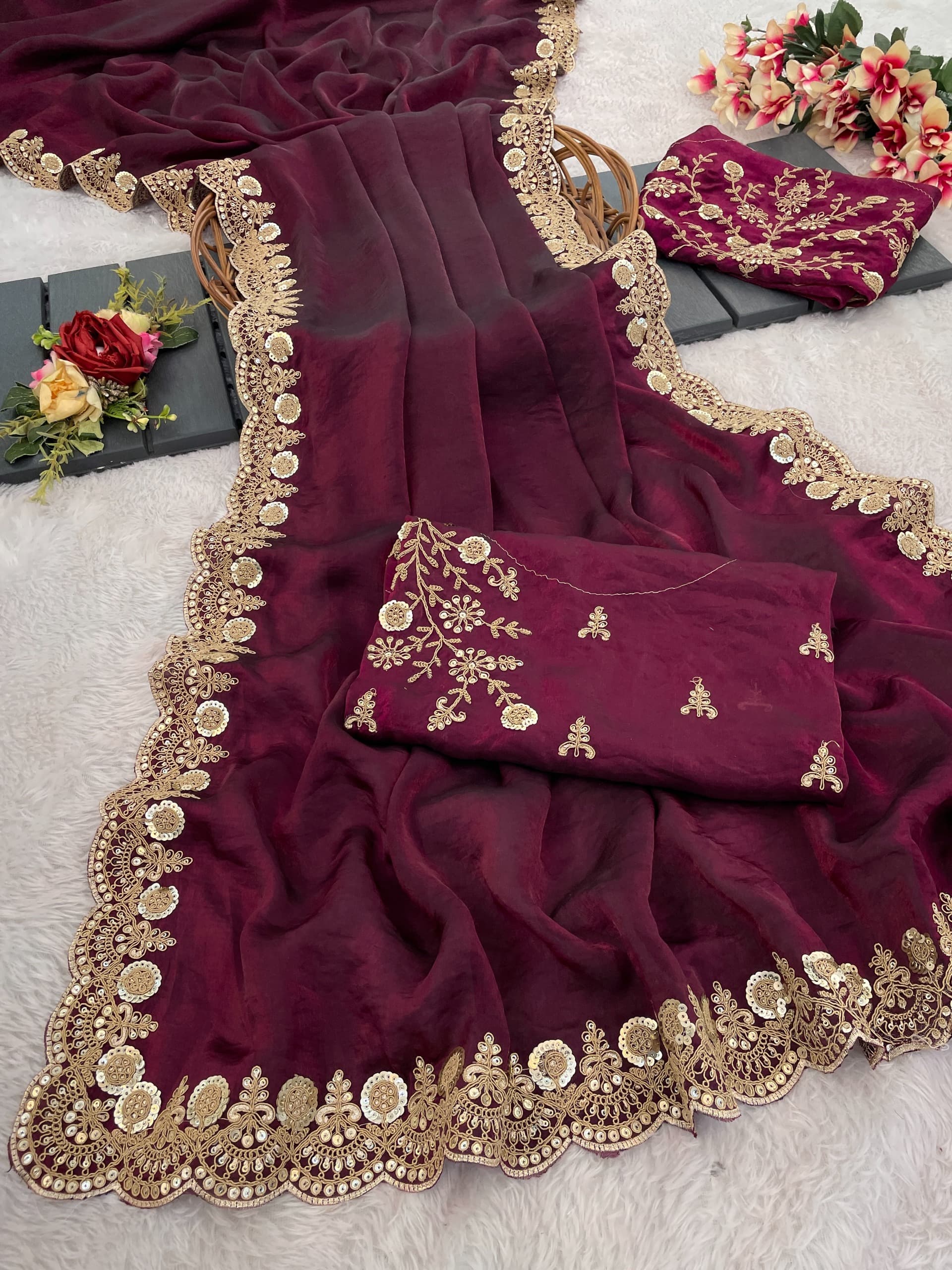 Rich Wear Space Silk With Coding Embroidery Work Saree