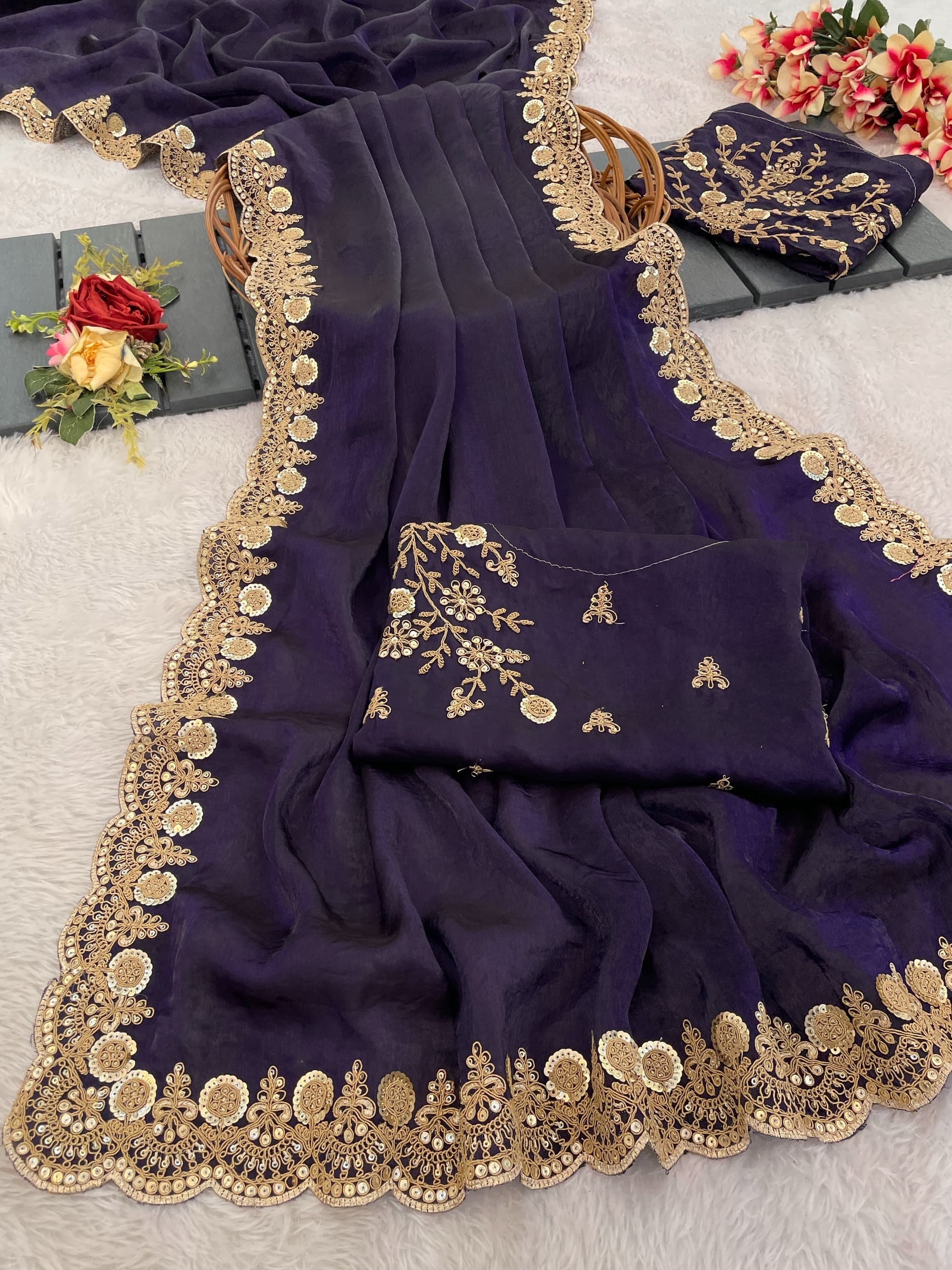Rich Wear Space Silk With Coding Embroidery Work Saree