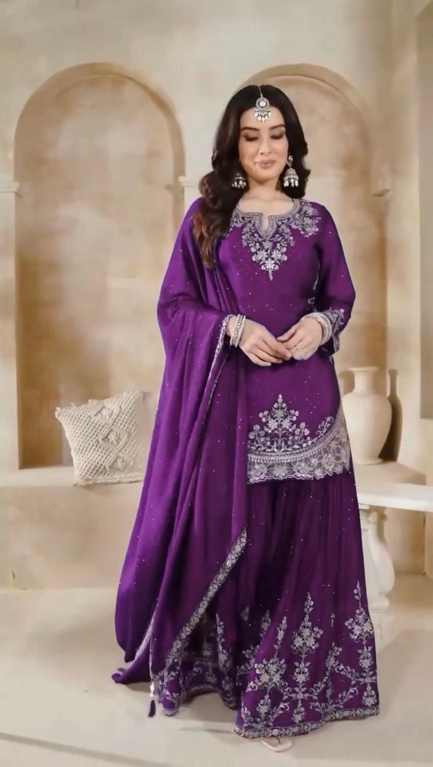 Red Color Embroidery Work Top Plazzo