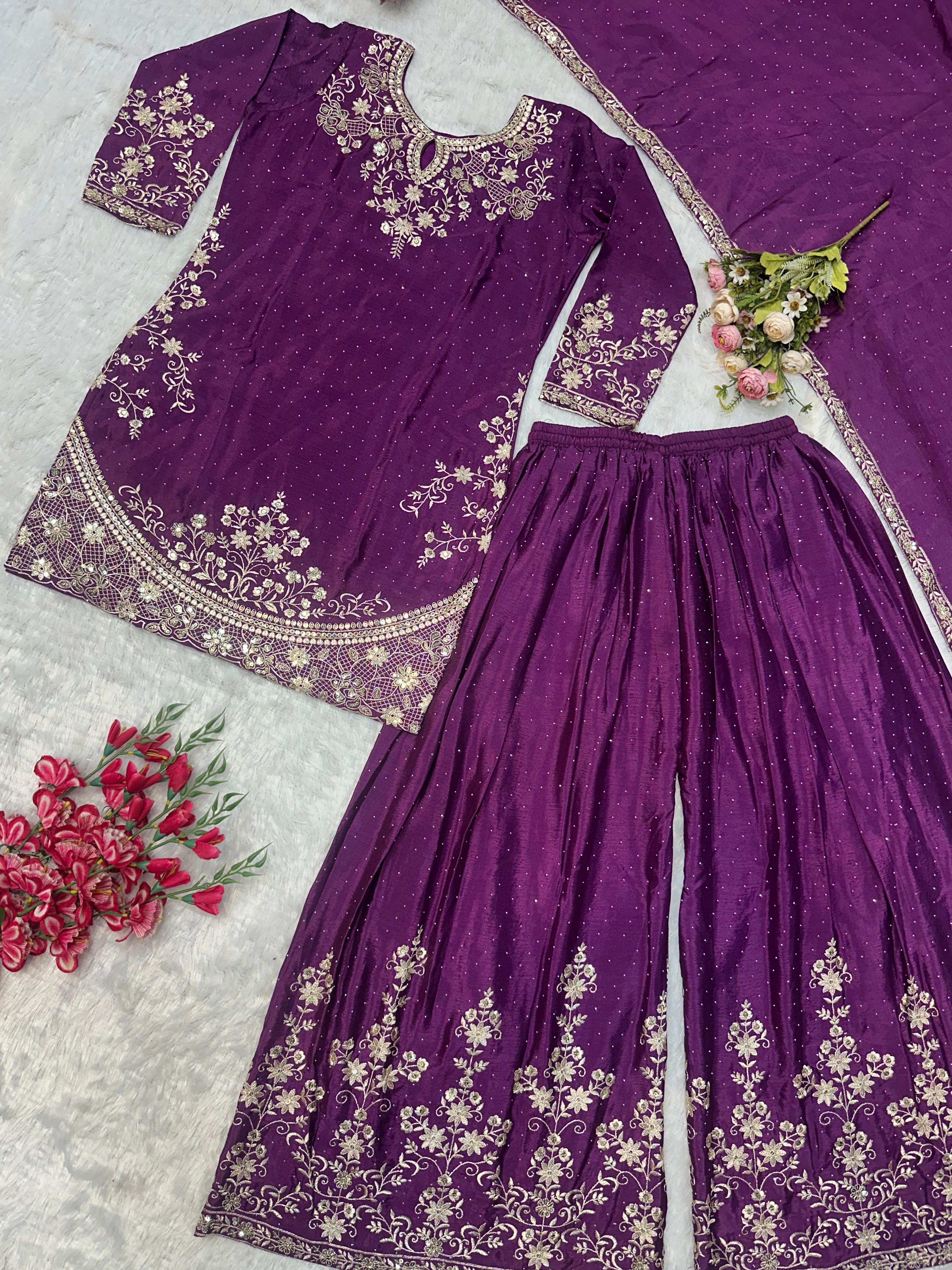 Red Color Embroidery Work Top Plazzo