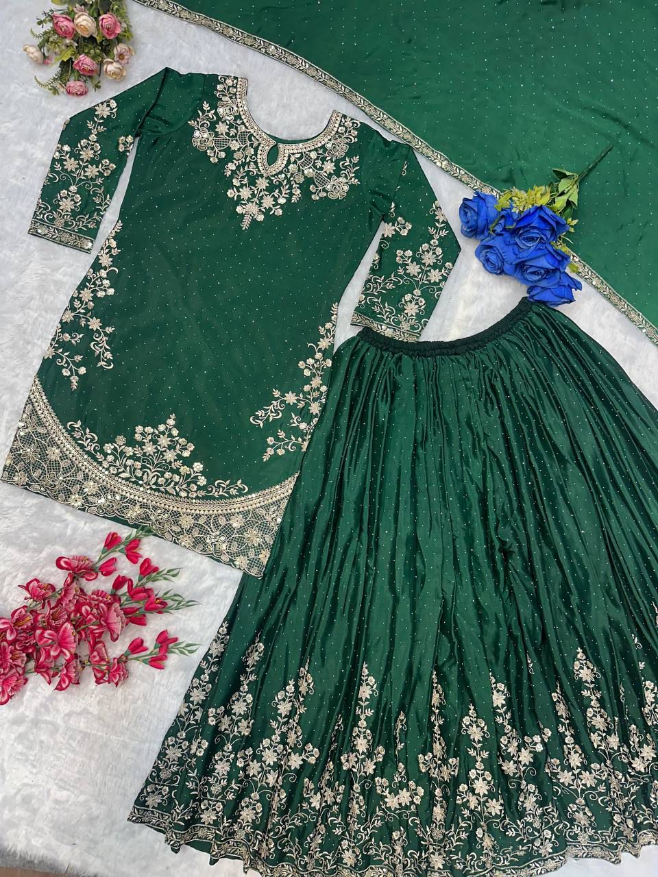 Red Color Embroidery Work Top Plazzo