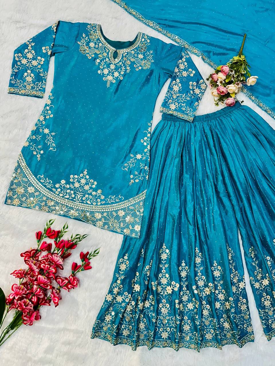 Red Color Embroidery Work Top Plazzo