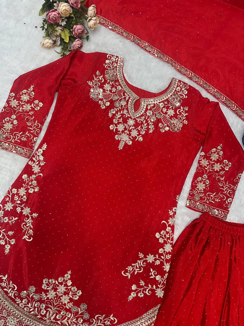 Red Color Embroidery Work Top Plazzo