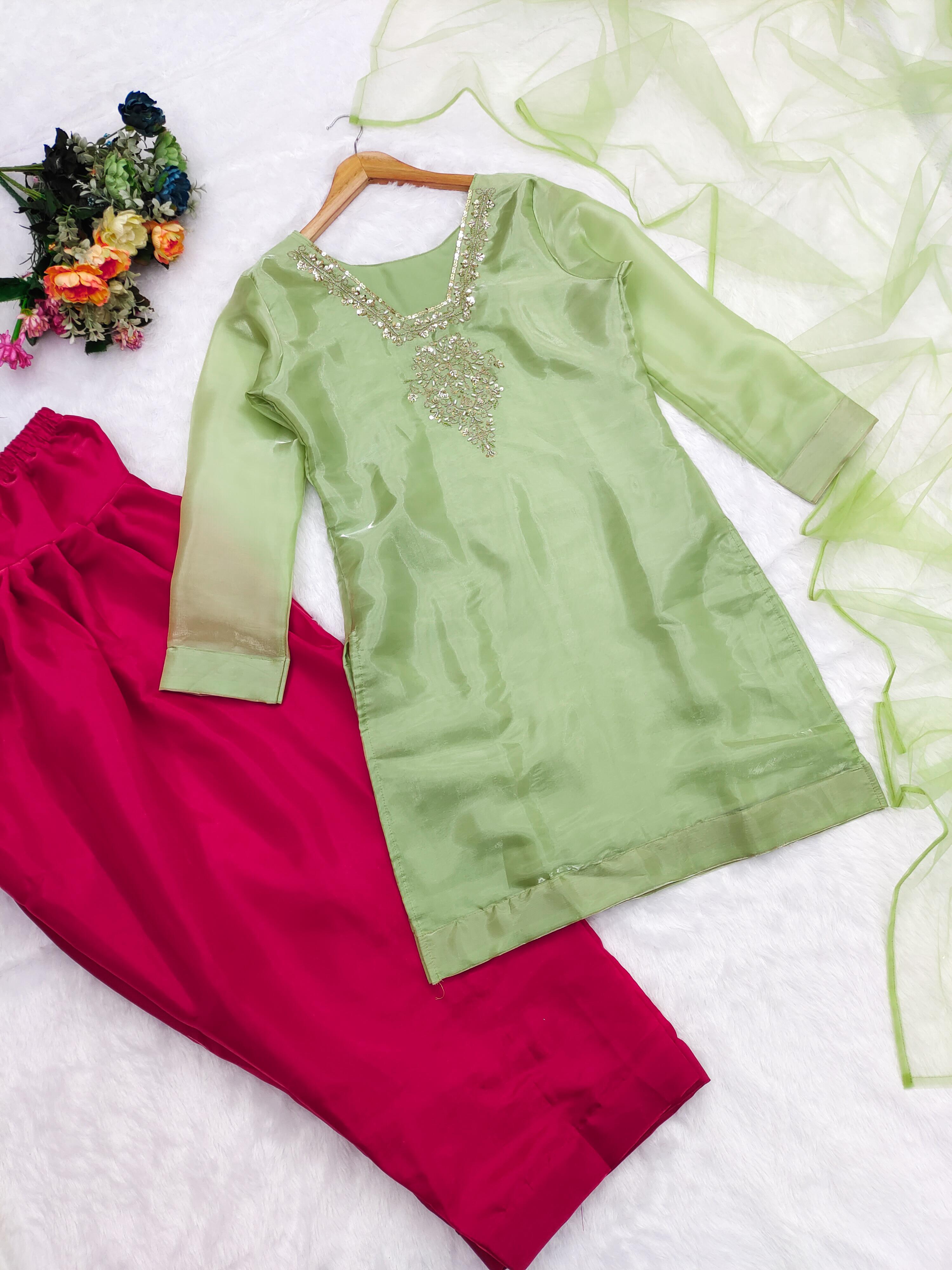 Pista Color Dual Sequence Embroidery Work Top Plazzo