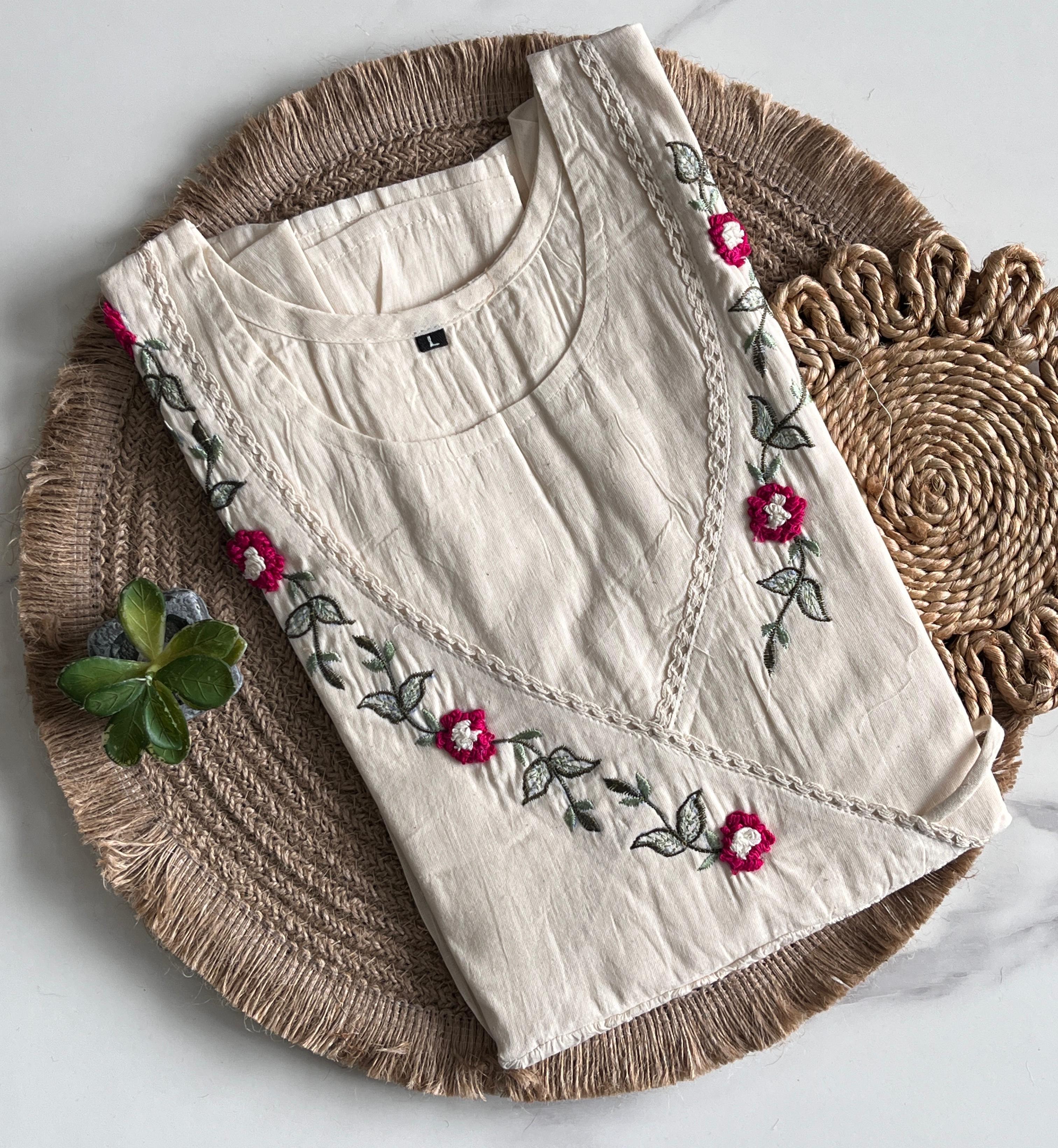 White Color Pure Khadi Tunic Hand Work Top