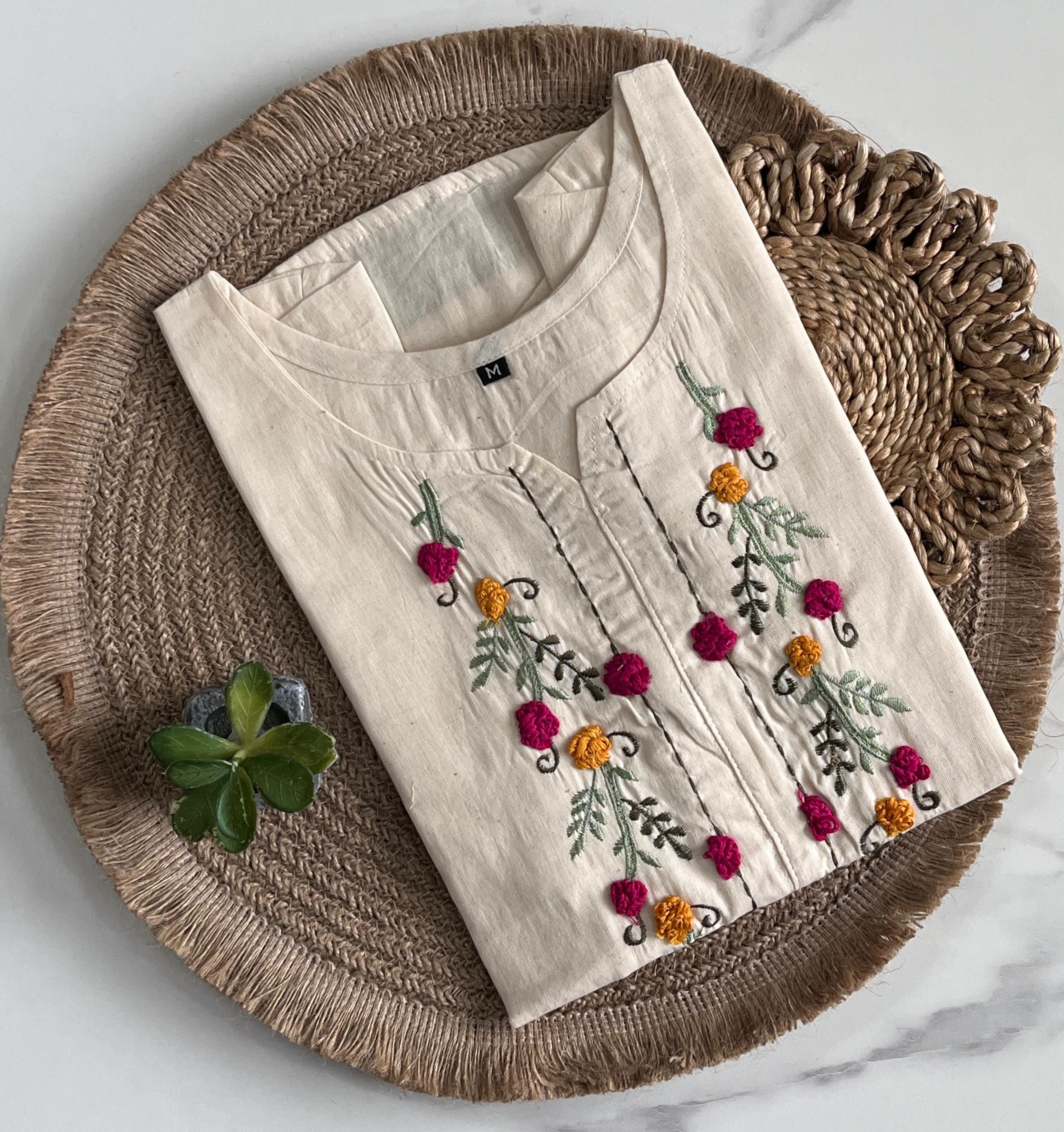 White Color Pure Khadi Tunic Hand Work Top