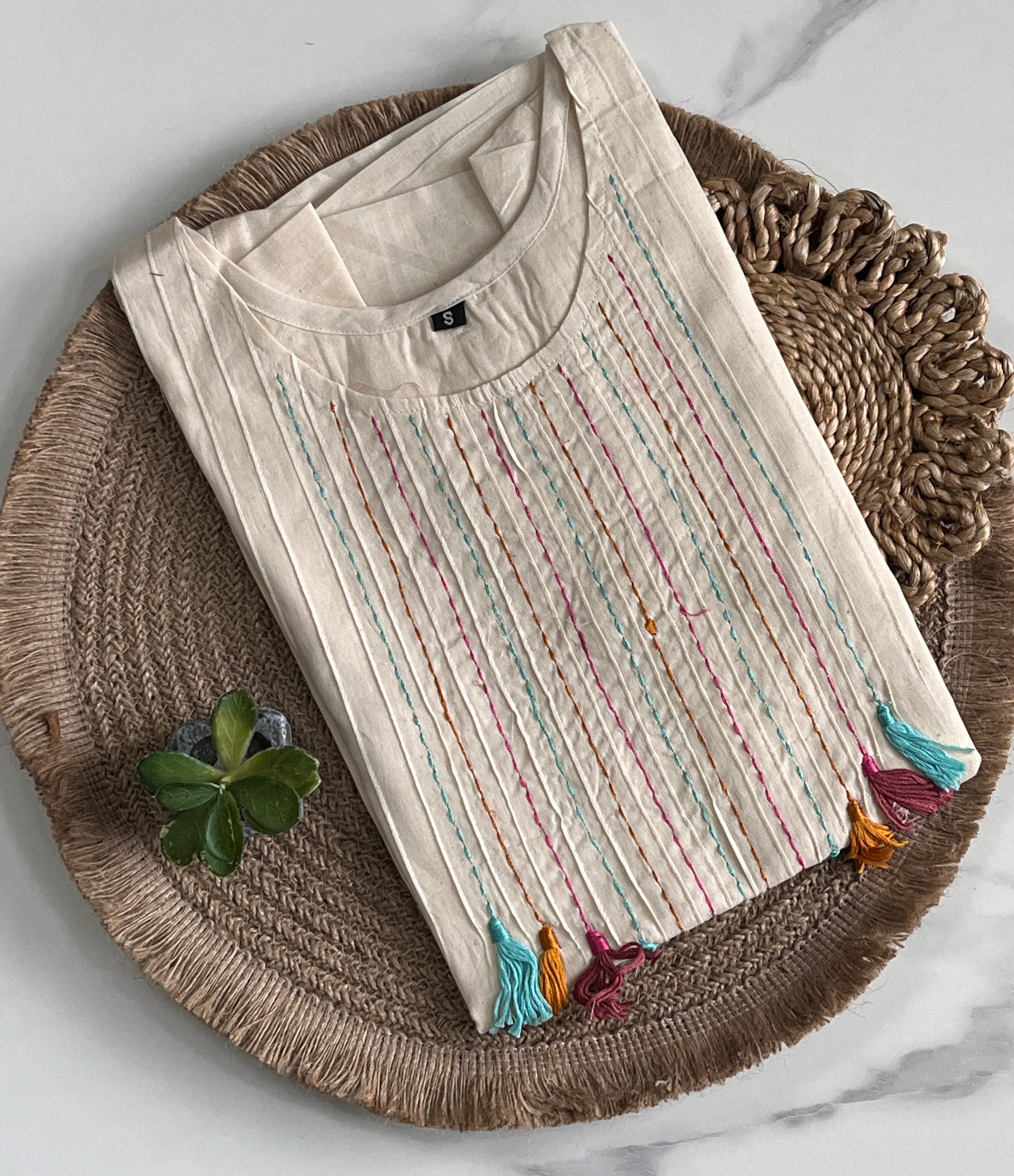 White Color Pure Khadi Tunic Hand Work Top