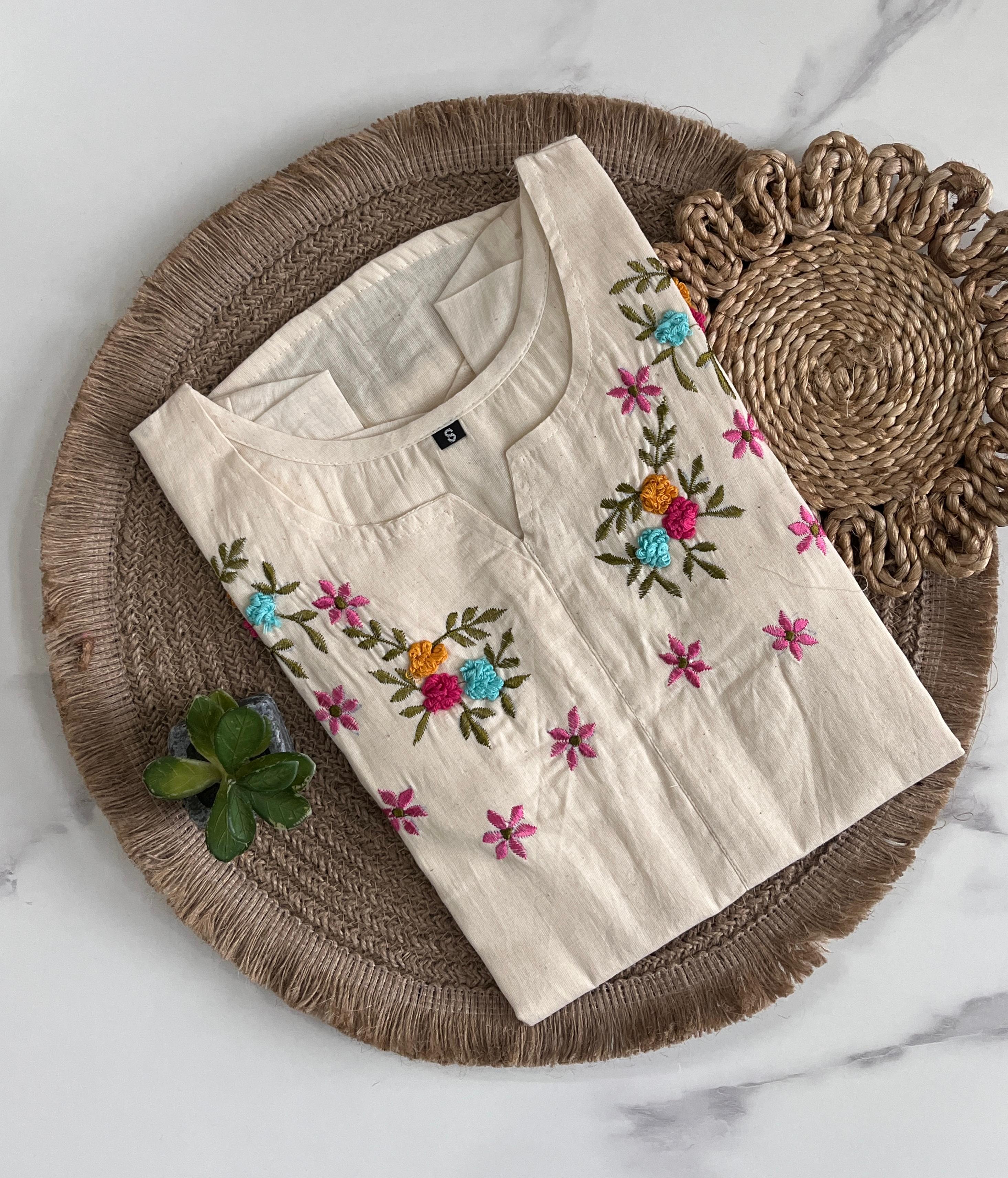 White Color Pure Khadi Tunic Hand Work Top