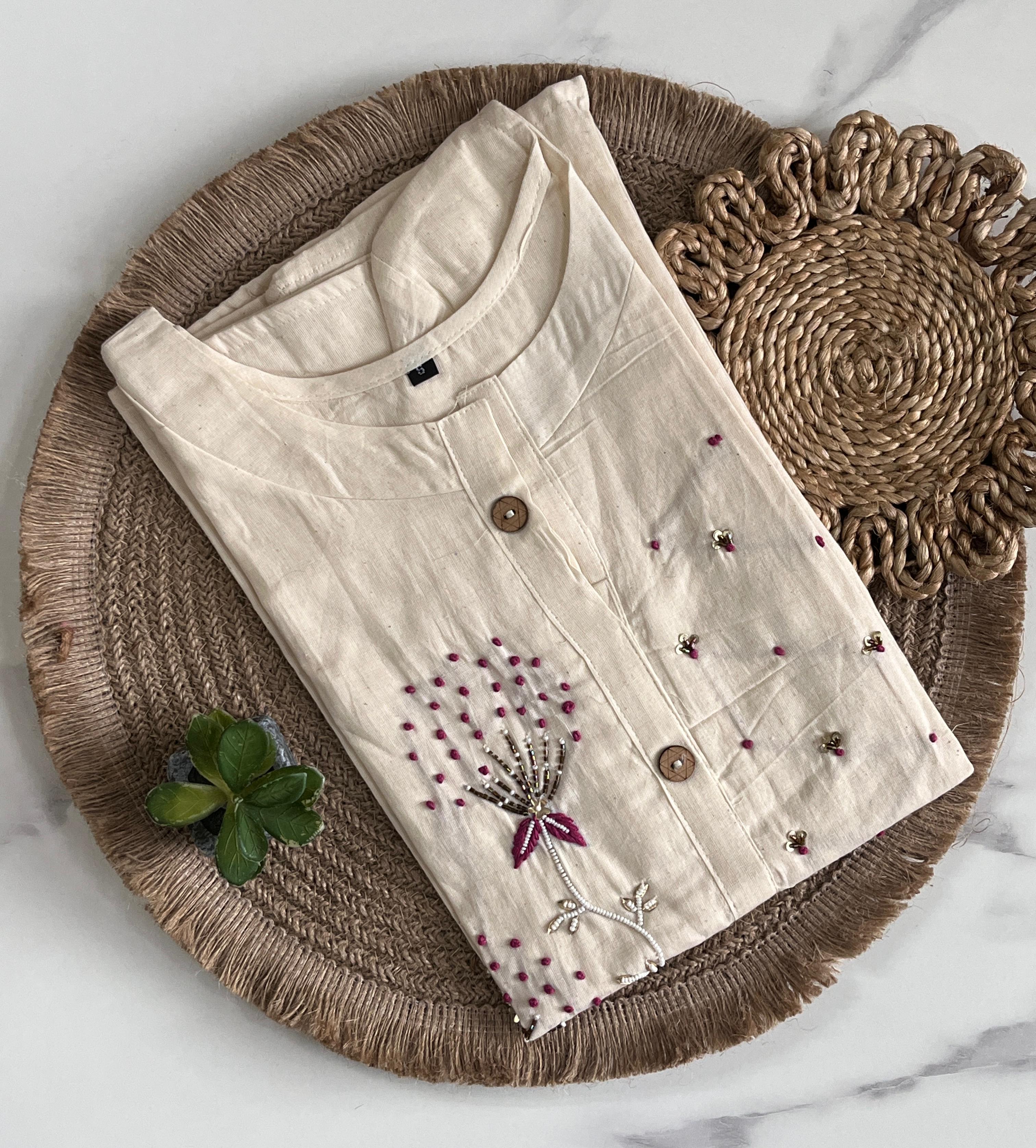 White Color Pure Khadi Tunic Hand Work Top