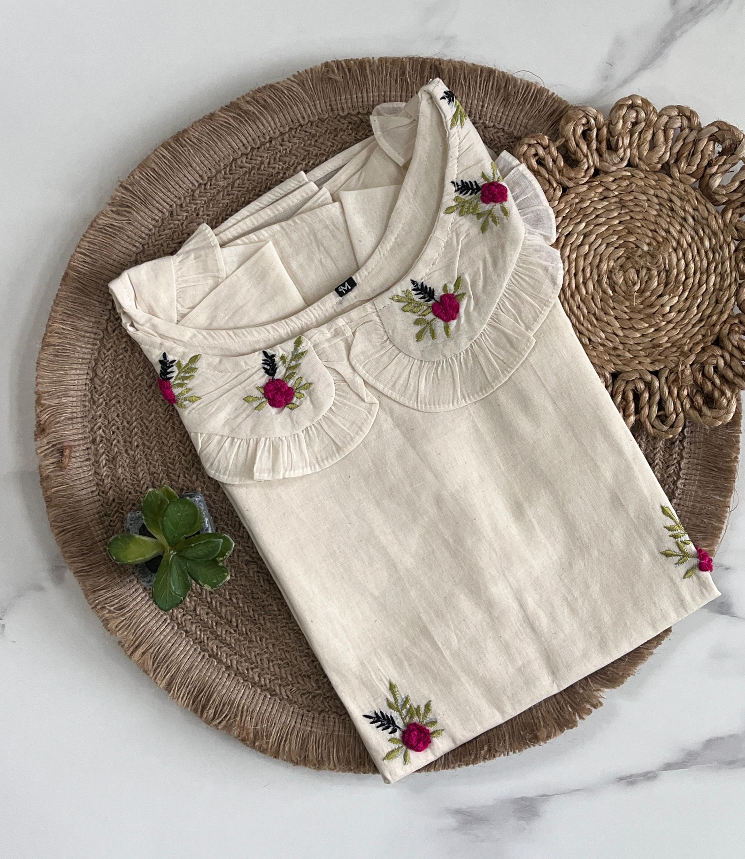 White Color Pure Khadi Tunic Hand Work Top