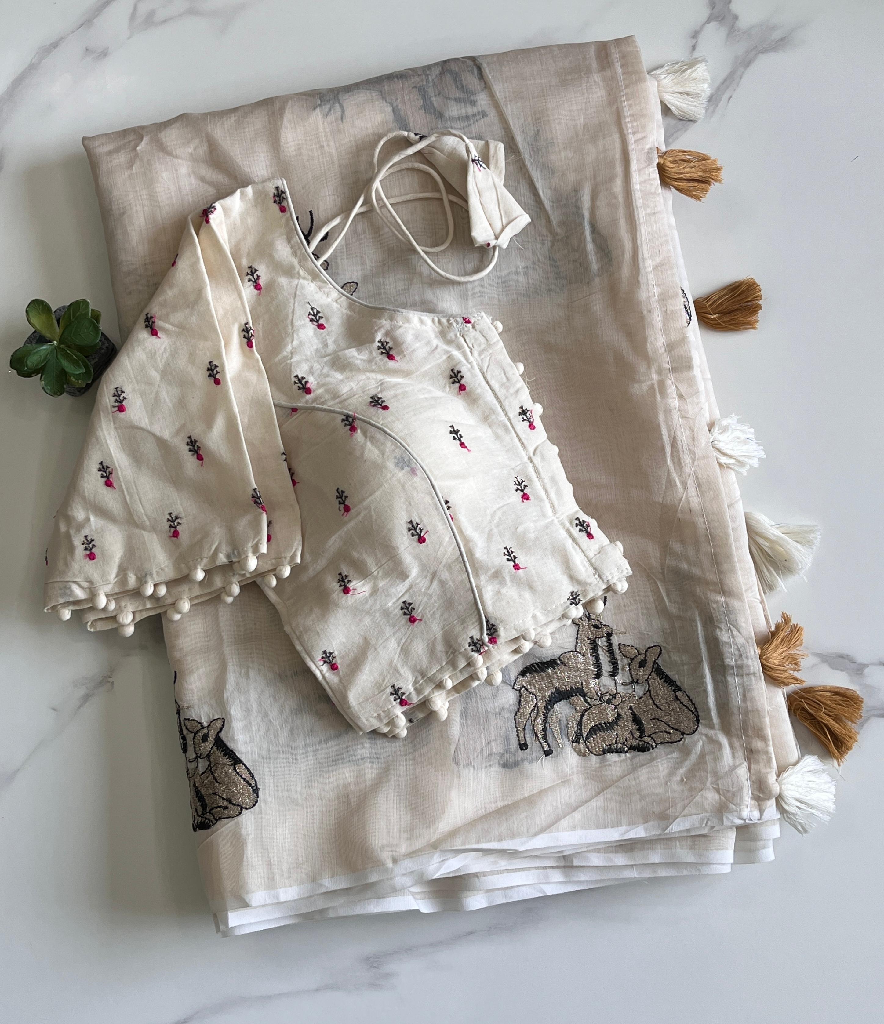 White Color Premium Chanderi Deer Work Saree