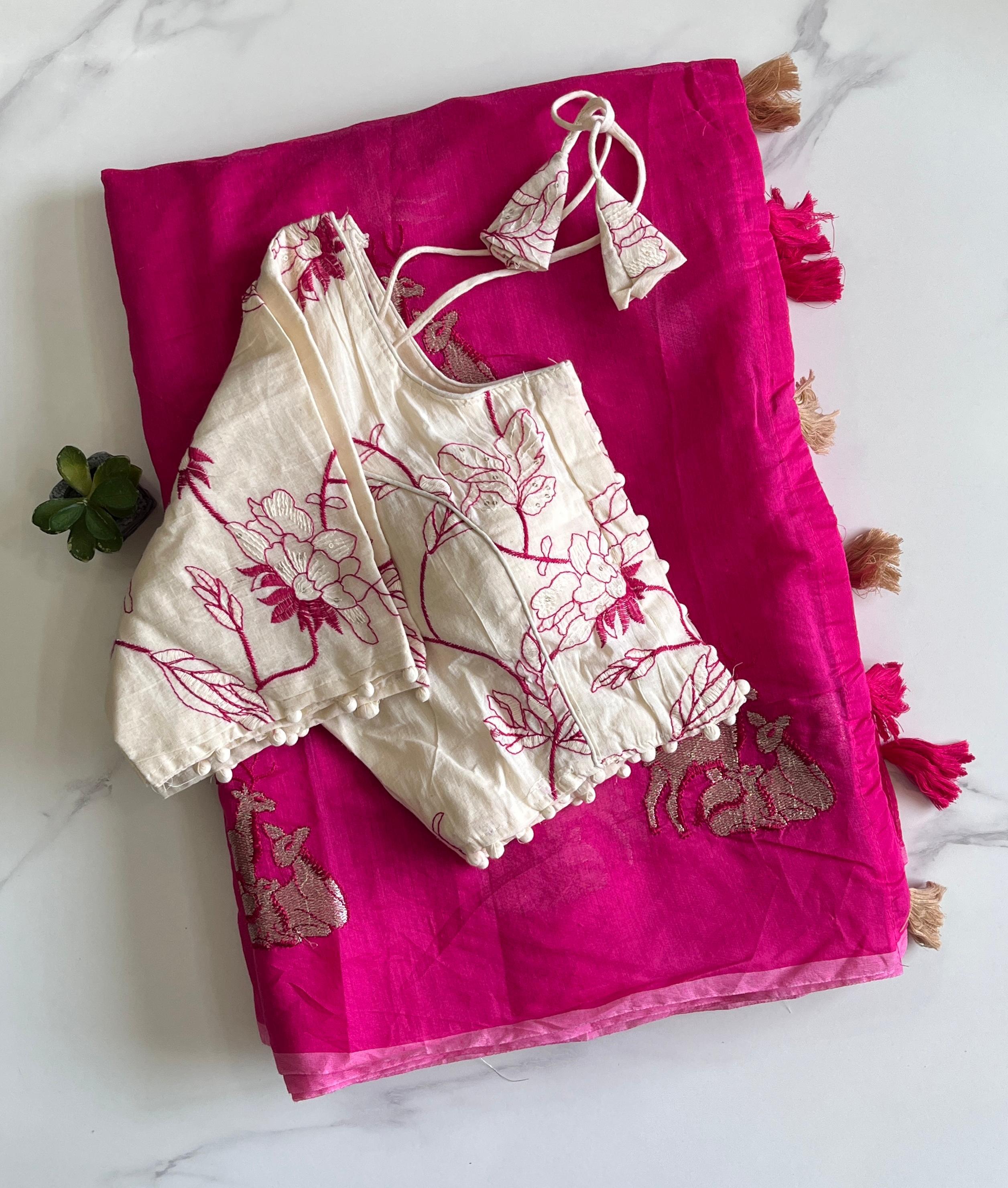 White Color Premium Chanderi Deer Work Saree