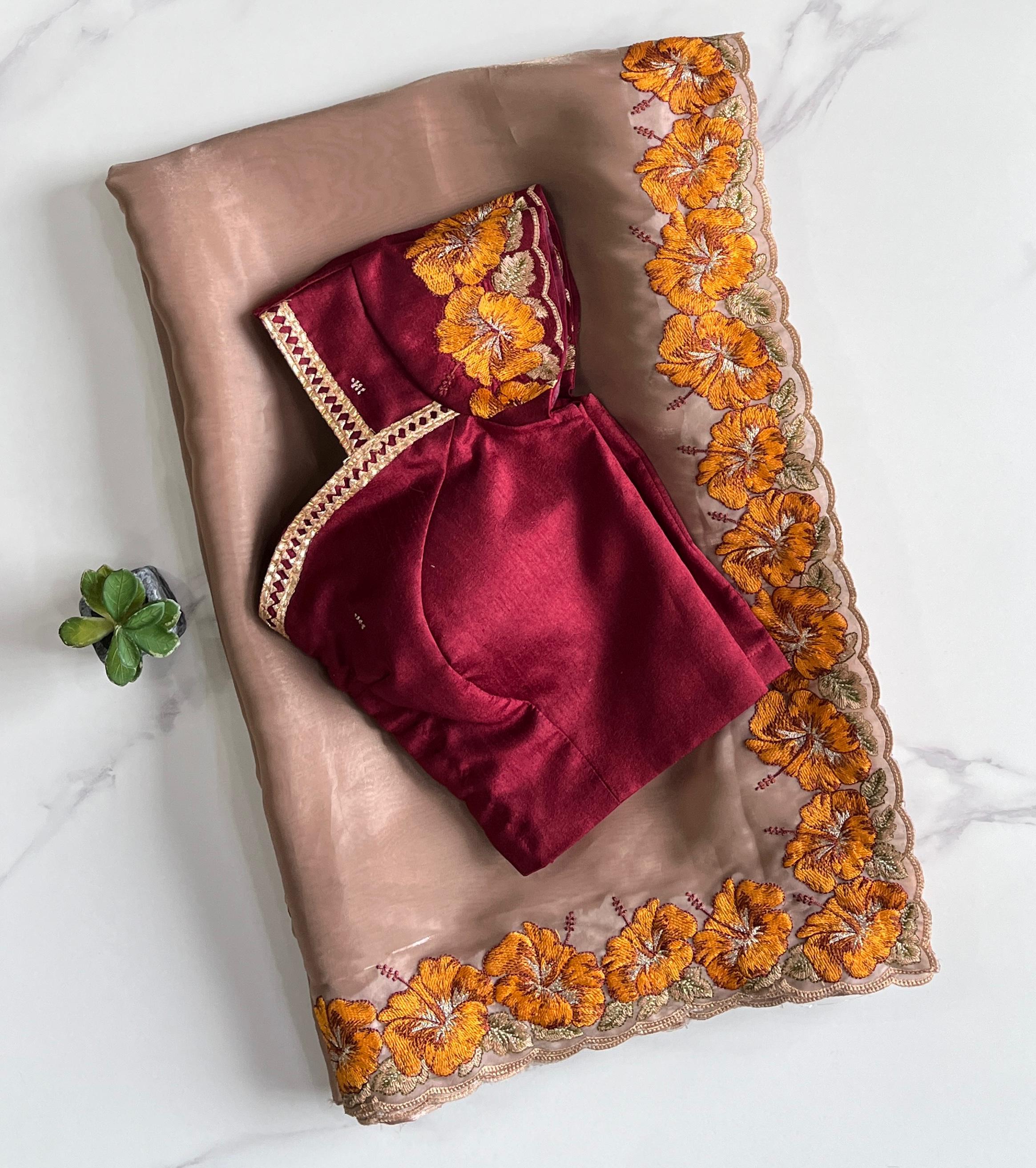 Pure Satin Chiffon Multi Thread Katha Flower Work Saree