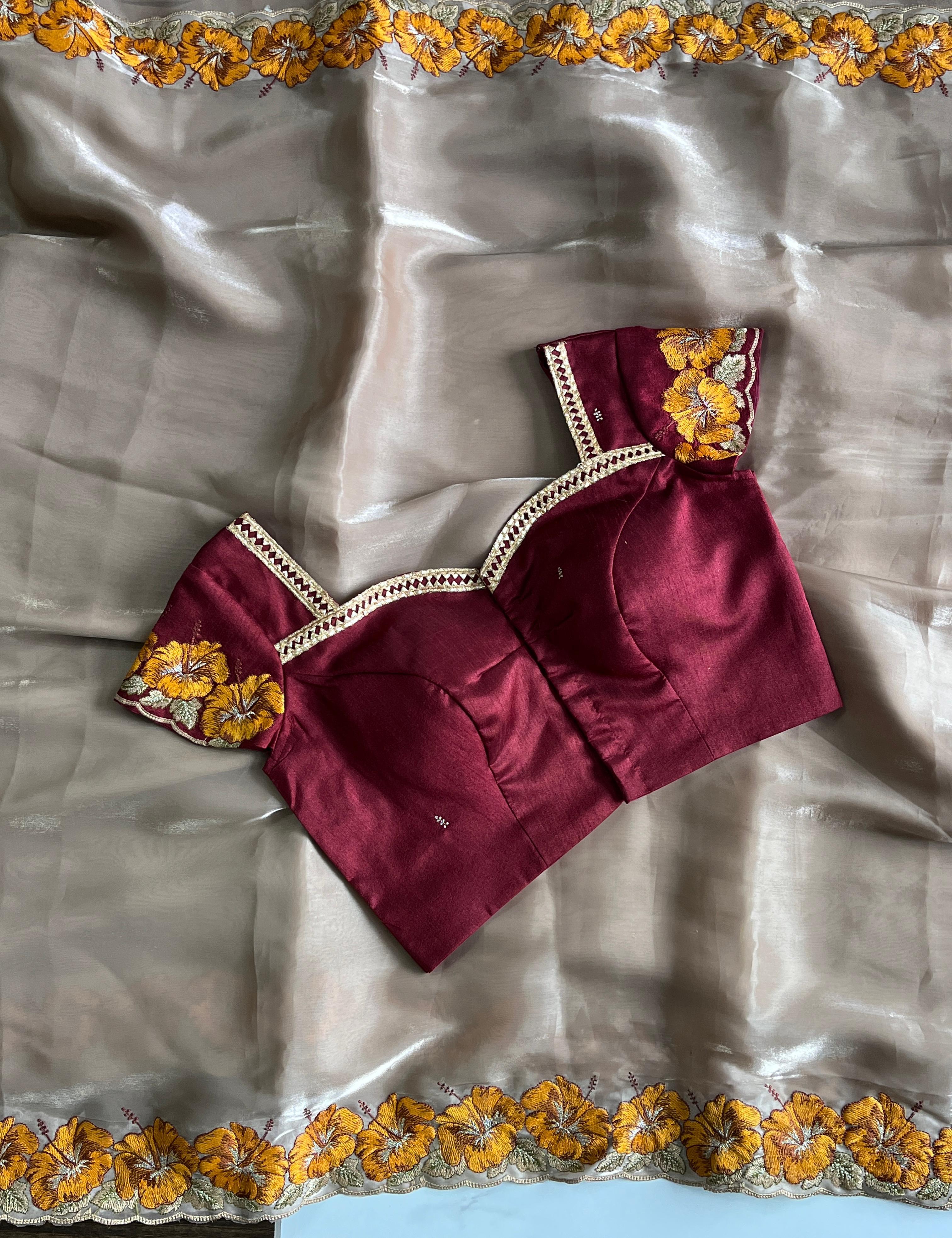 Pure Satin Chiffon Multi Thread Katha Flower Work Saree