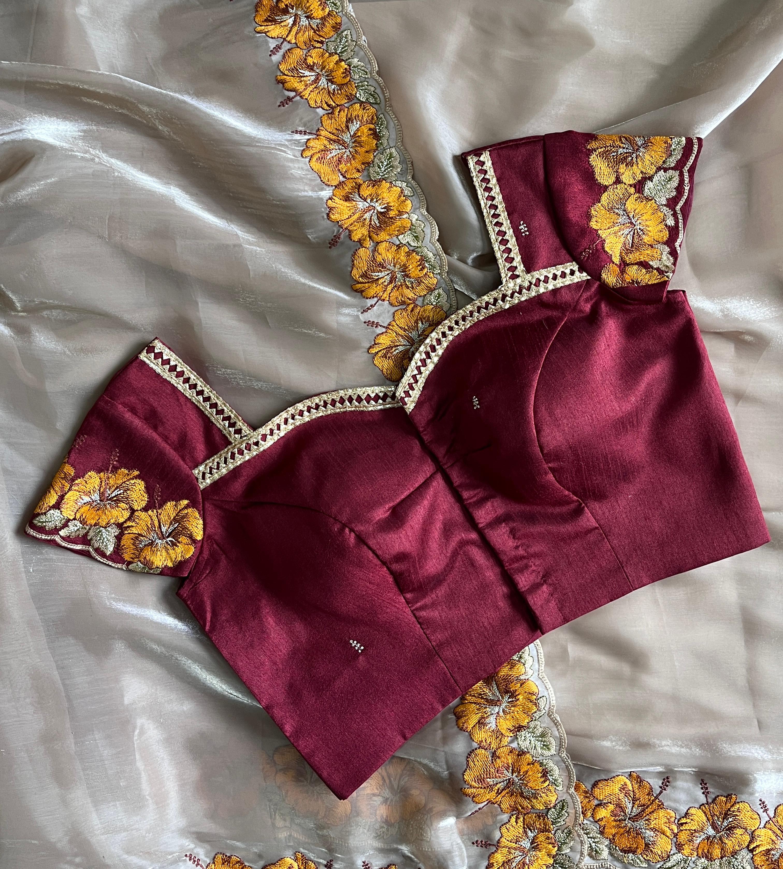 Pure Satin Chiffon Multi Thread Katha Flower Work Saree