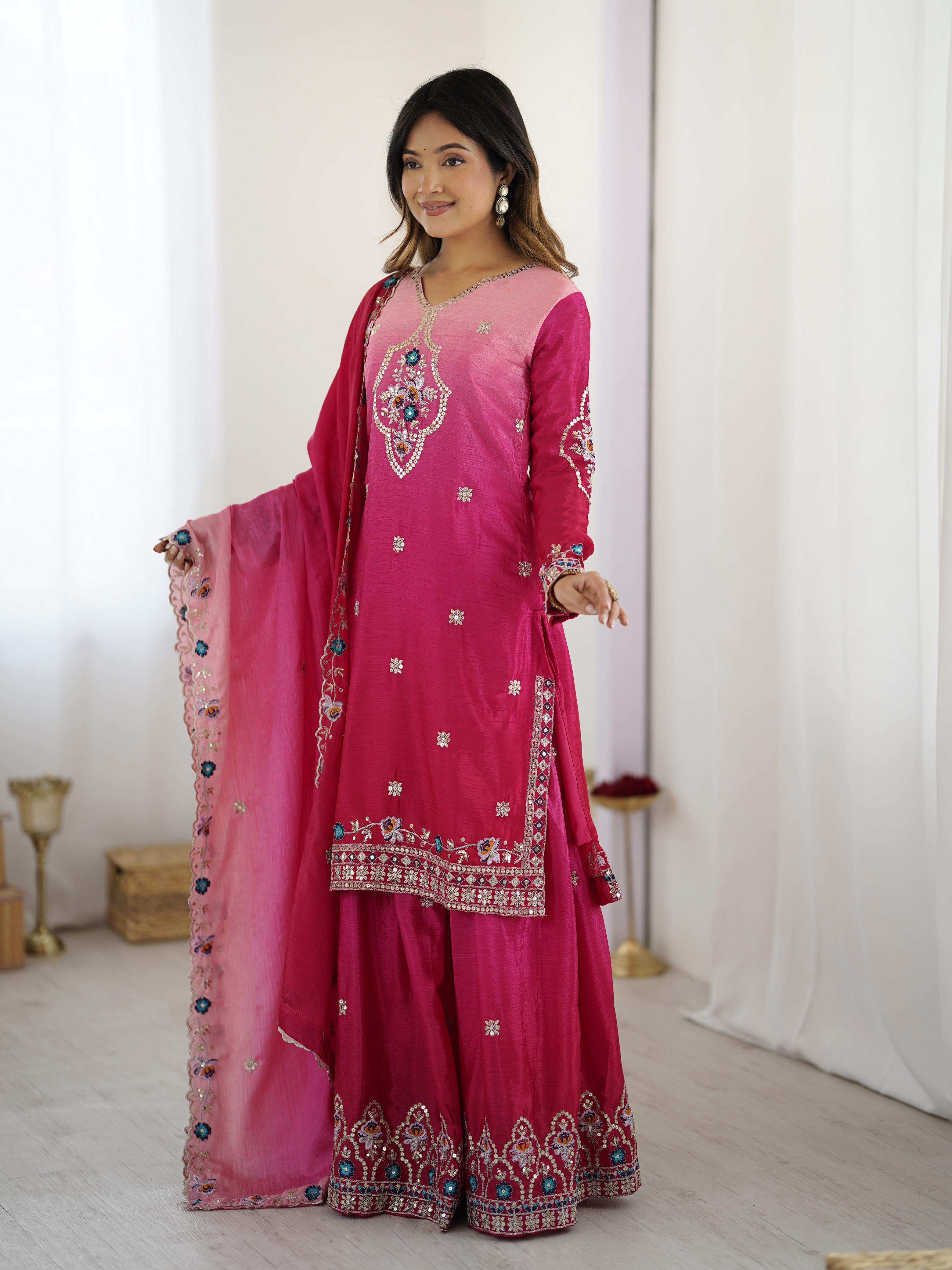 Pink Color Chinon Pedding Fabric Embroidery Work  Top Sharara
