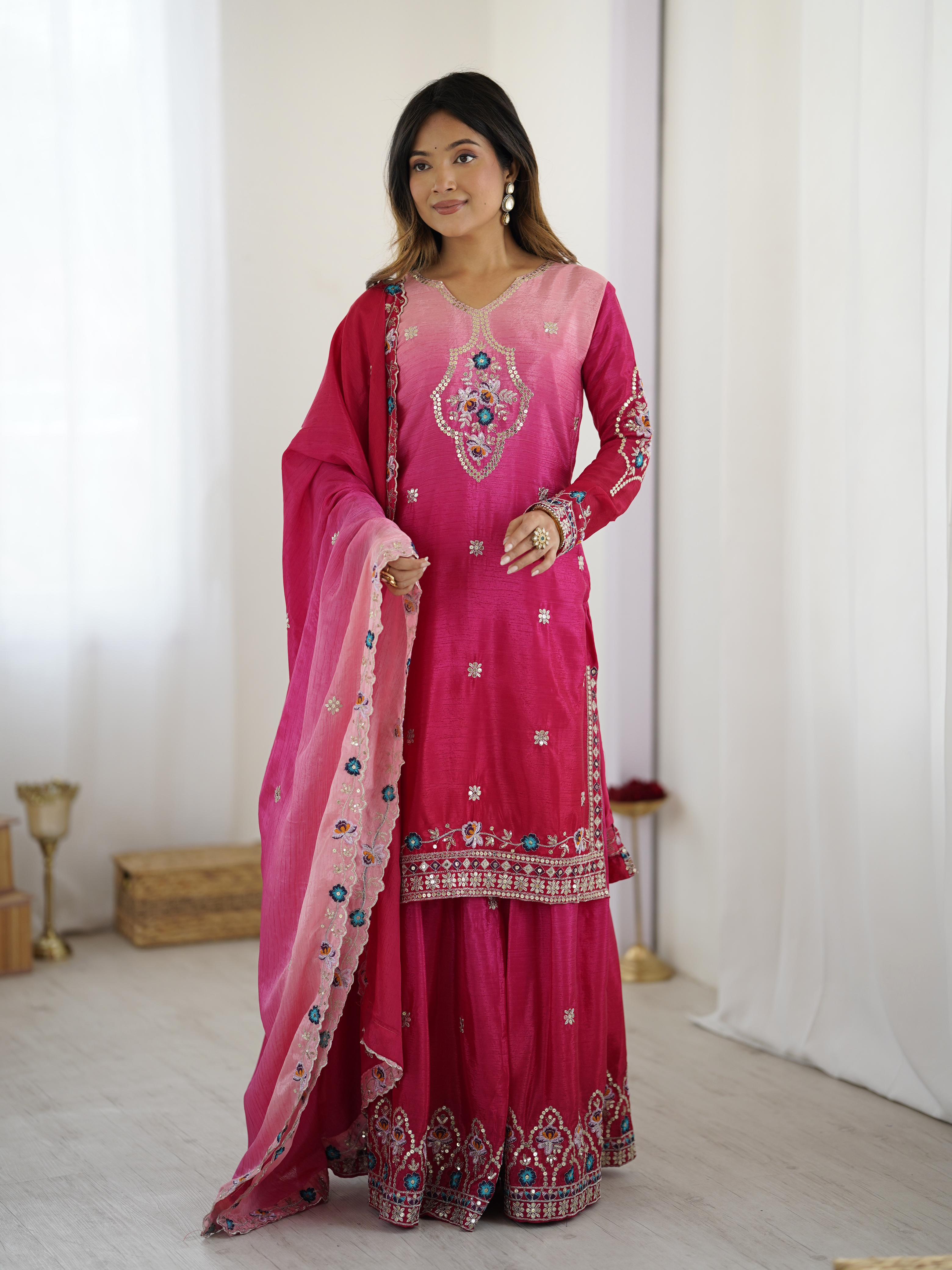 Pink Color Chinon Pedding Fabric Embroidery Work  Top Sharara