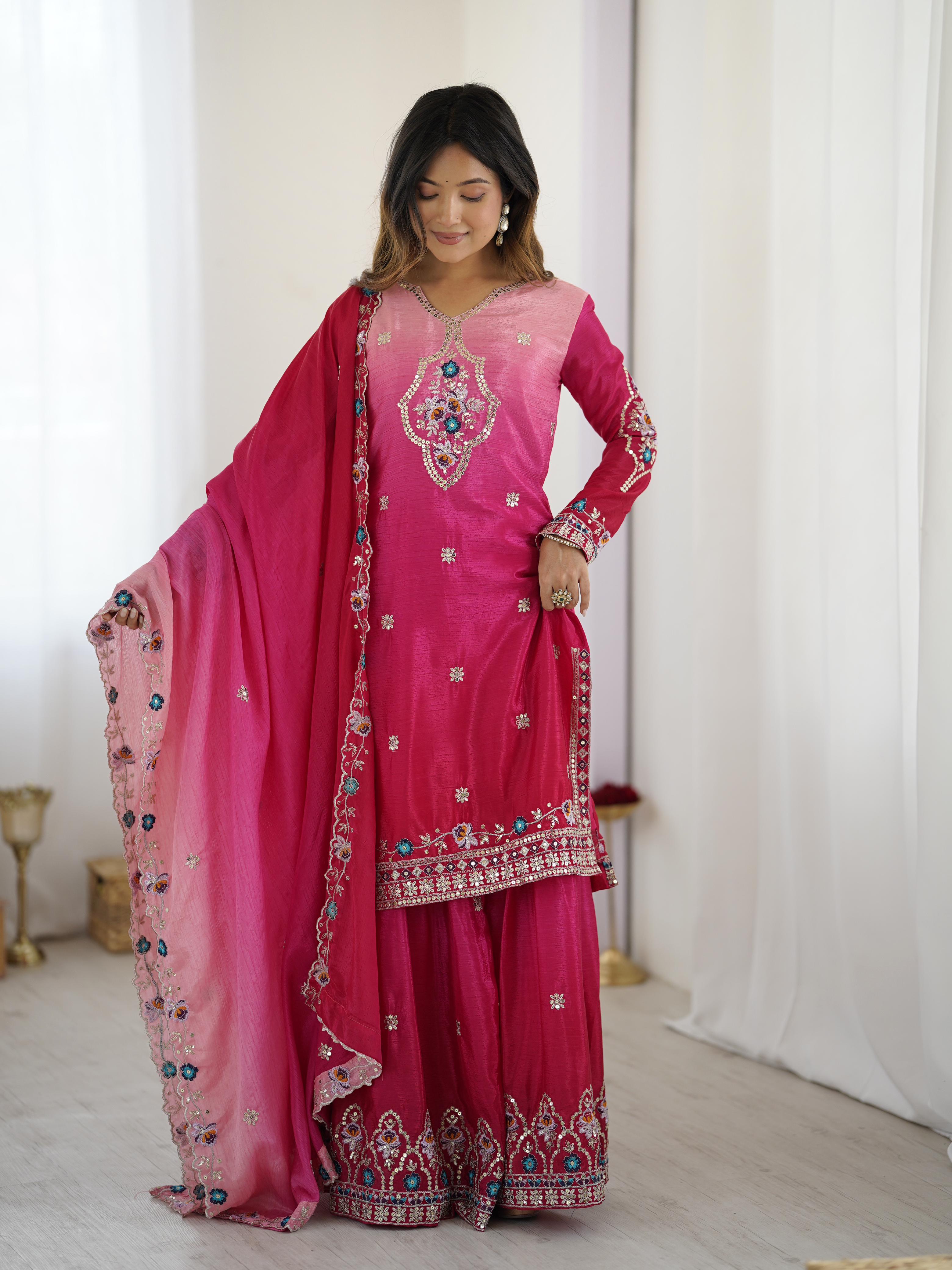 Pink Color Chinon Pedding Fabric Embroidery Work  Top Sharara