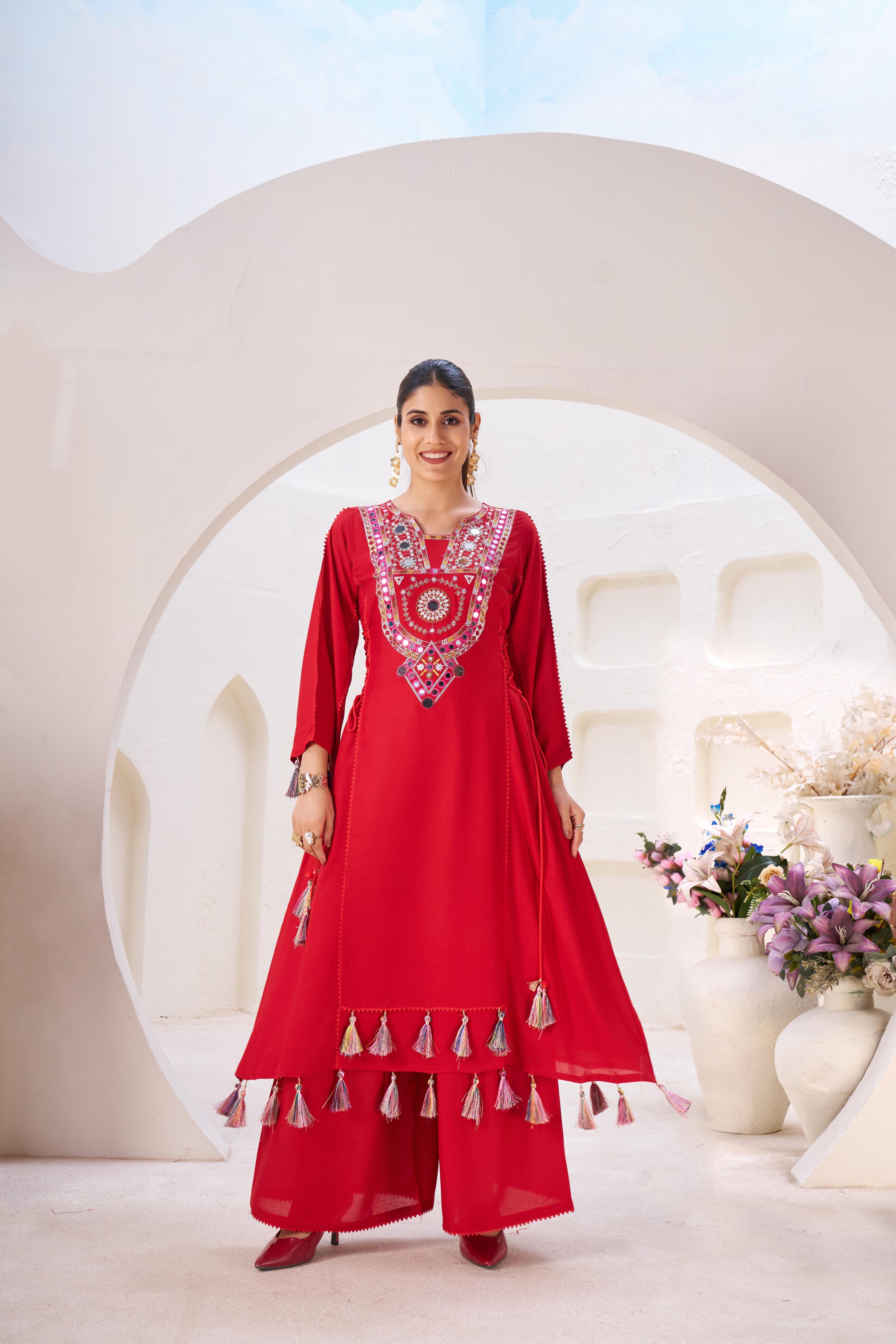 Reyon Fabric With Thread & Real Mirror Work Top Plazzo