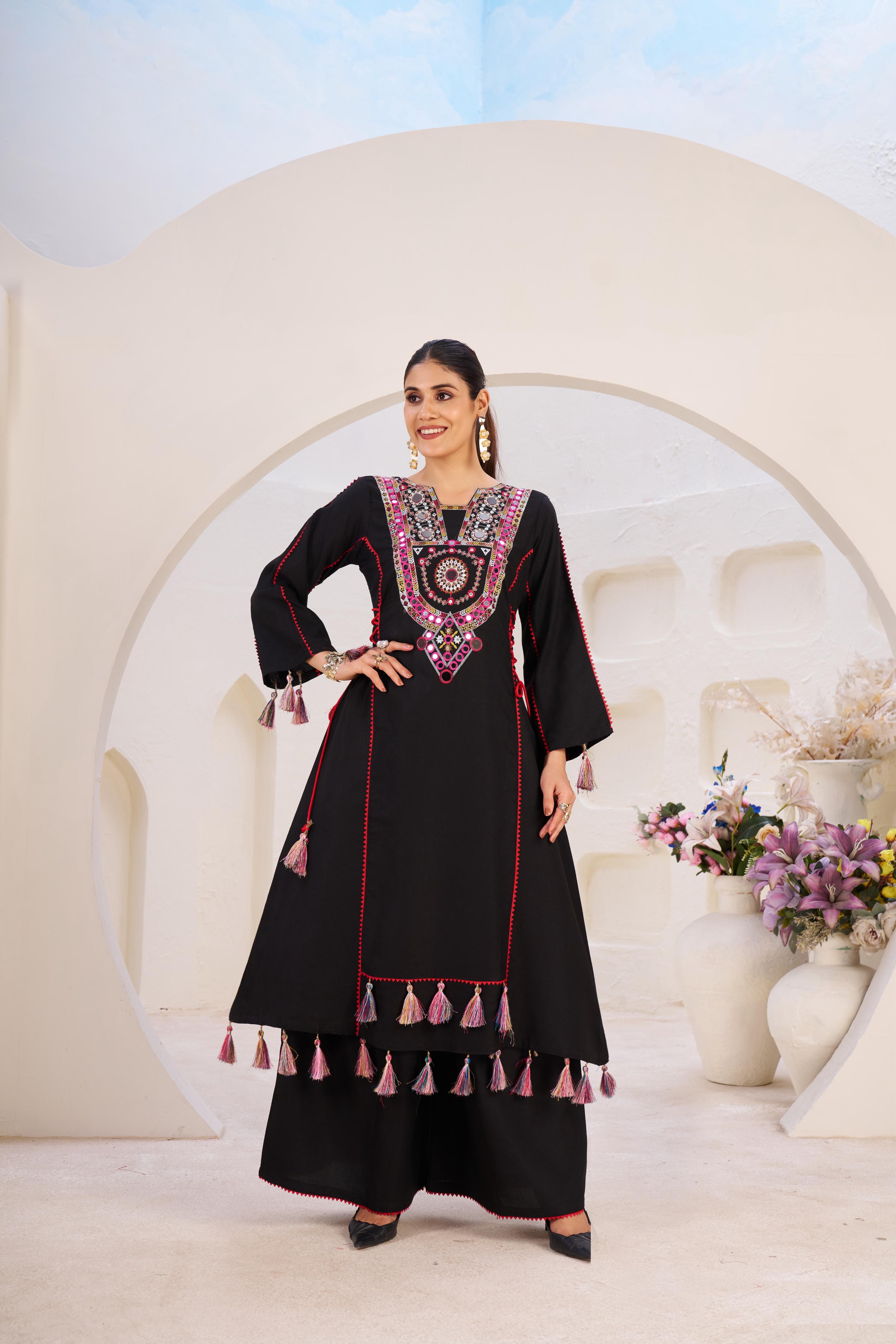 Reyon Fabric With Thread & Real Mirror Work Top Plazzo
