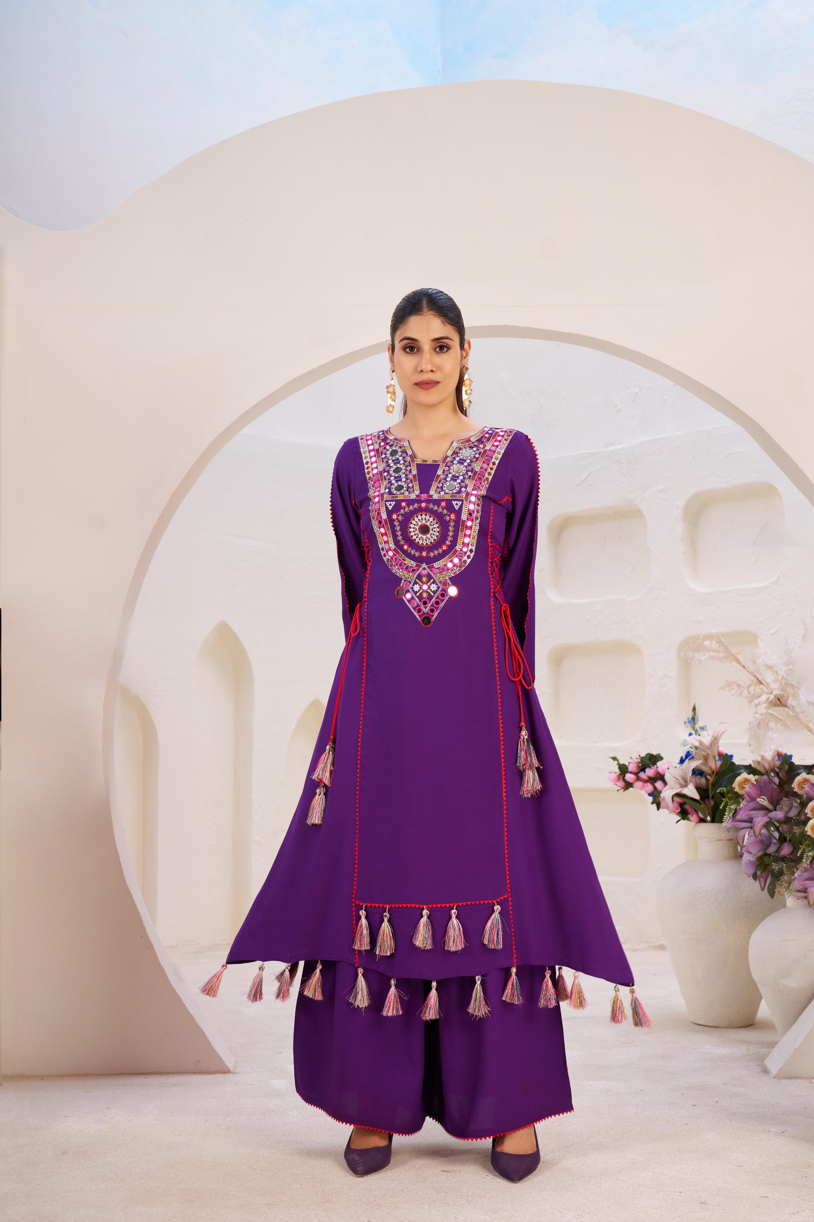 Reyon Fabric With Thread & Real Mirror Work Top Plazzo