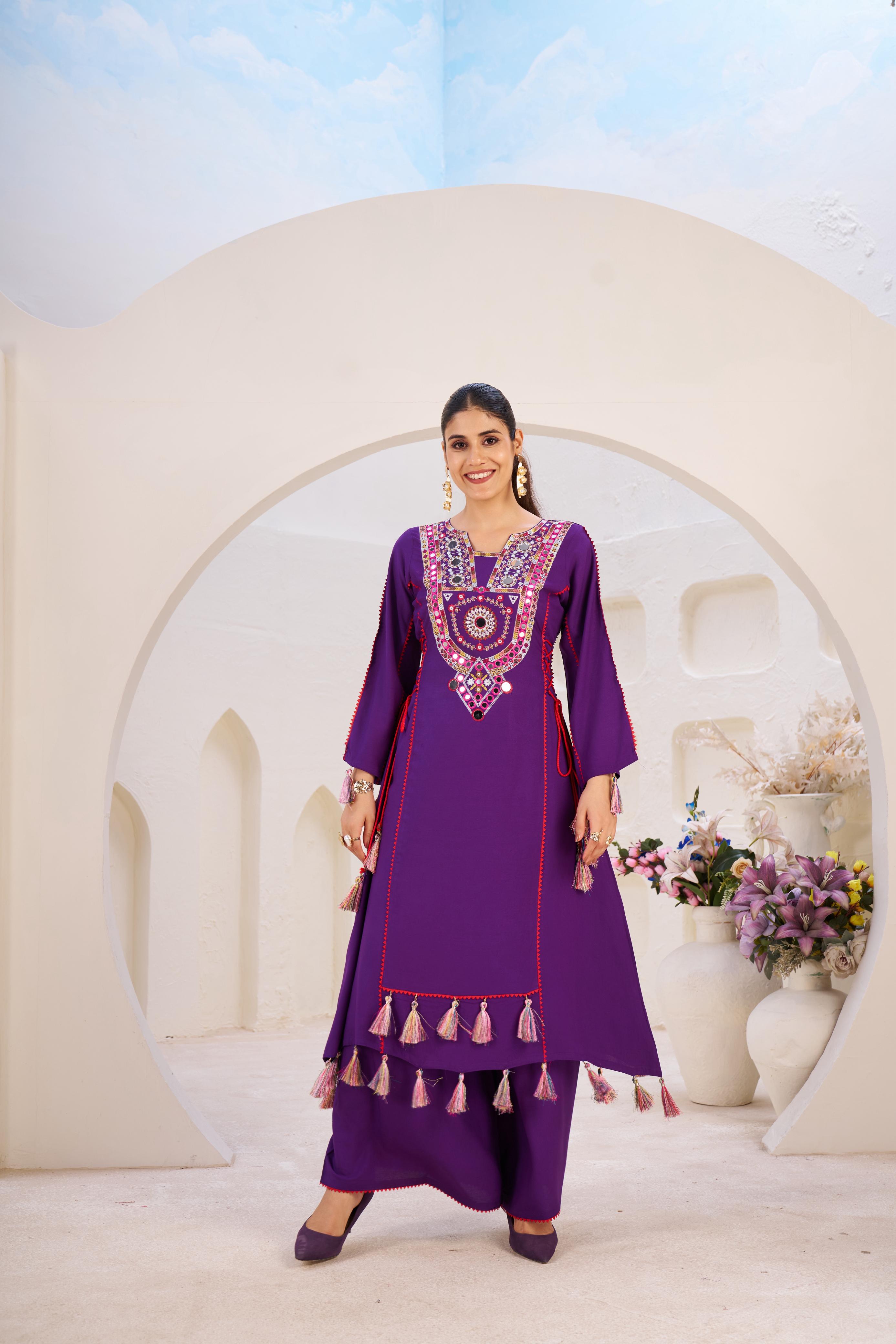 Reyon Fabric With Thread & Real Mirror Work Top Plazzo