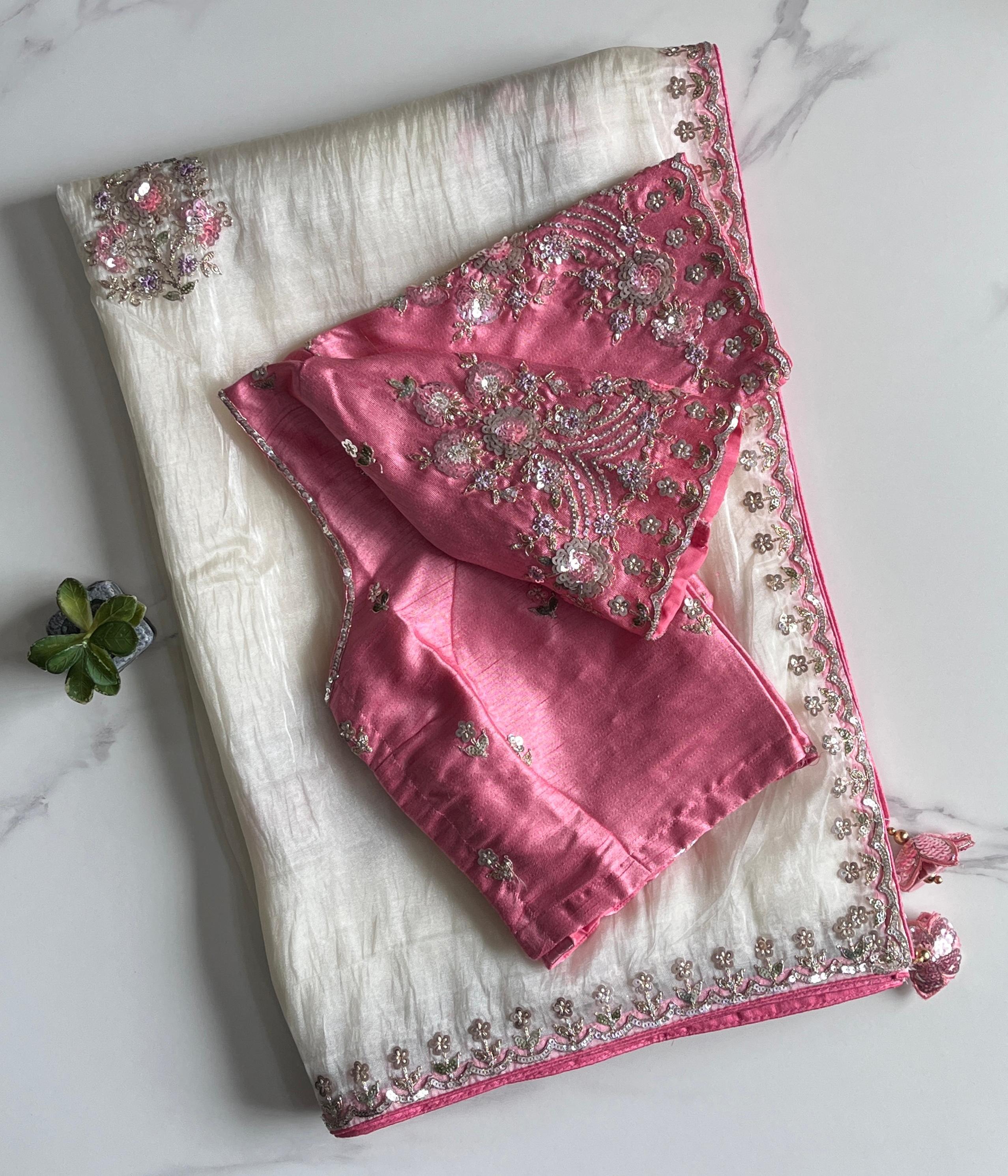 White Color Pure Gold Crush Tissue Fabric Sequins Work Saree