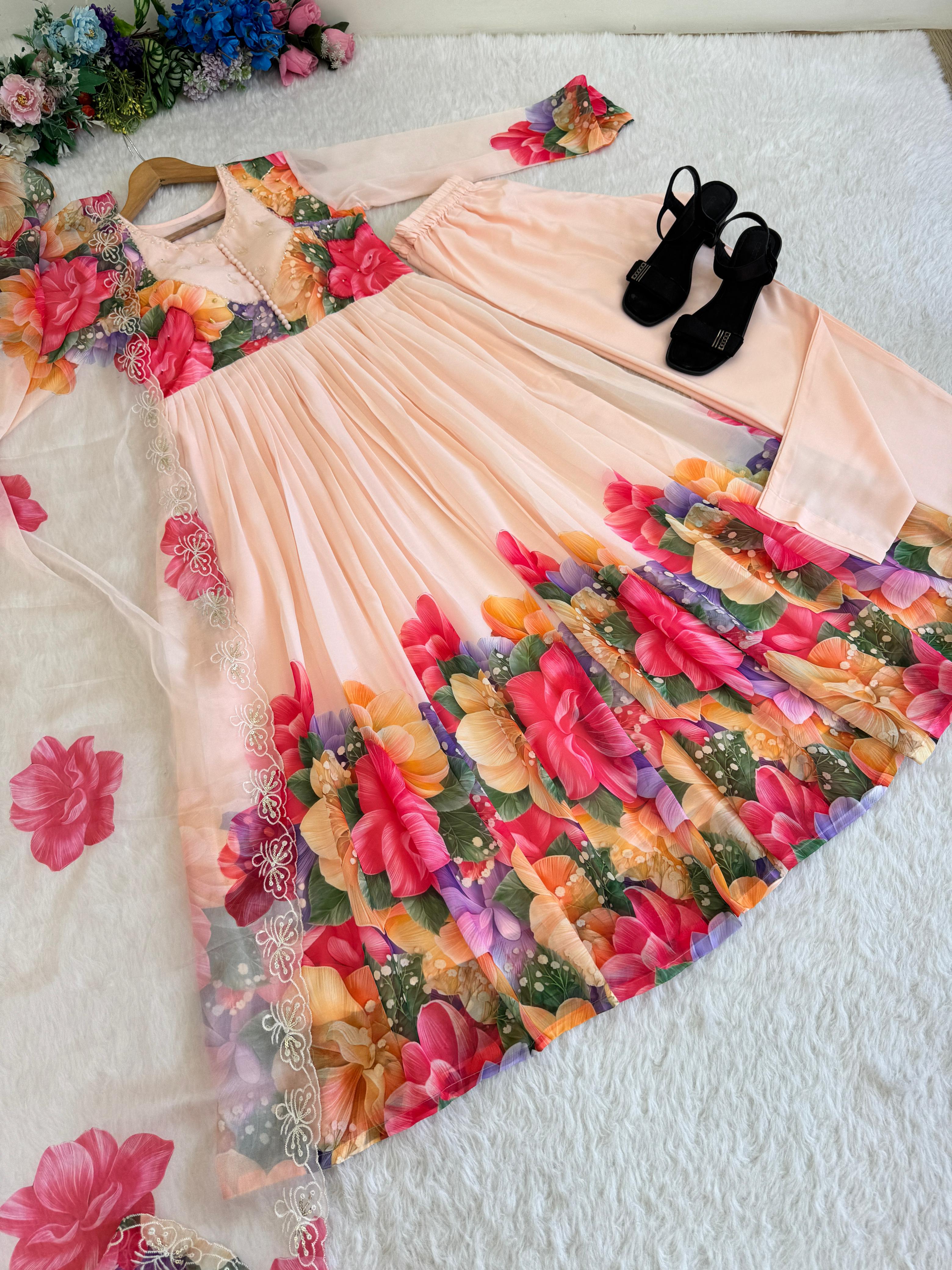 Beautifull Flower Work Georgette With Hand Work Gown