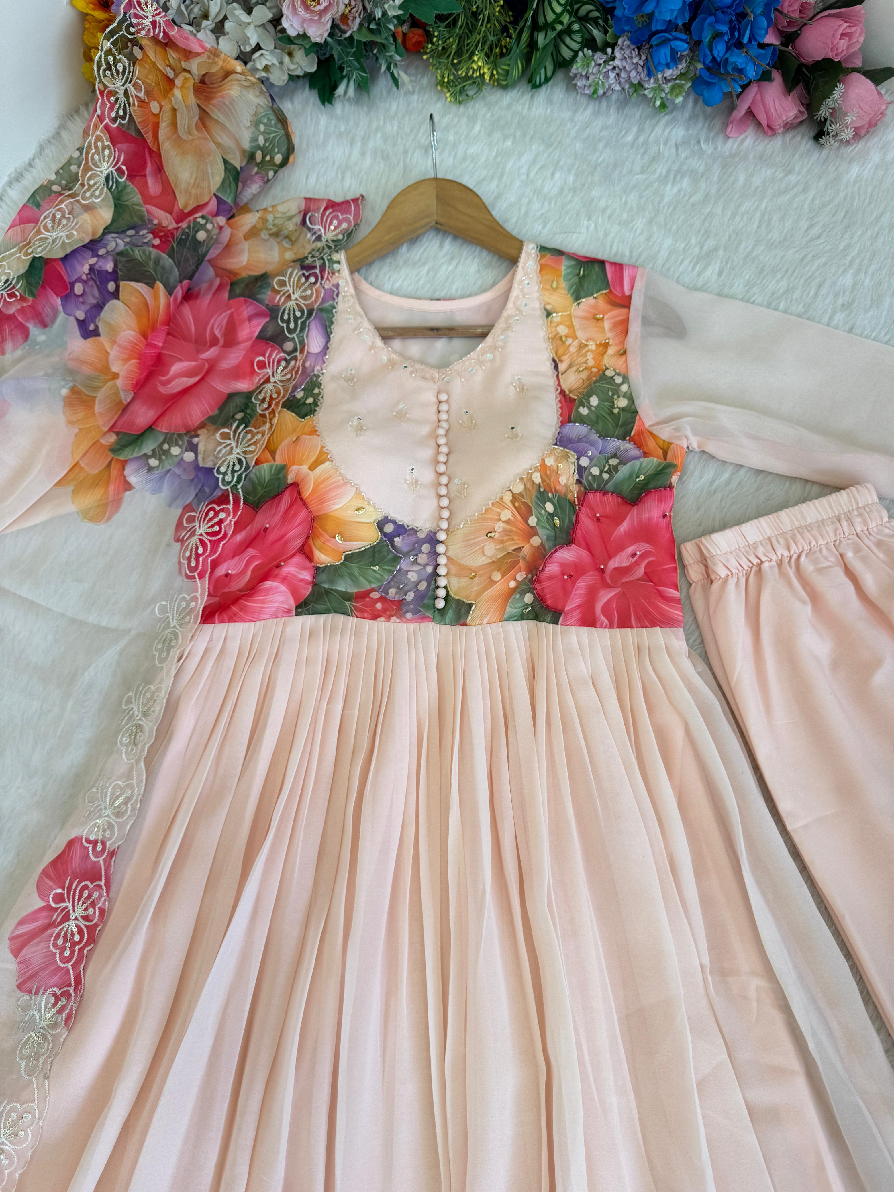 Beautifull Flower Work Georgette With Hand Work Gown