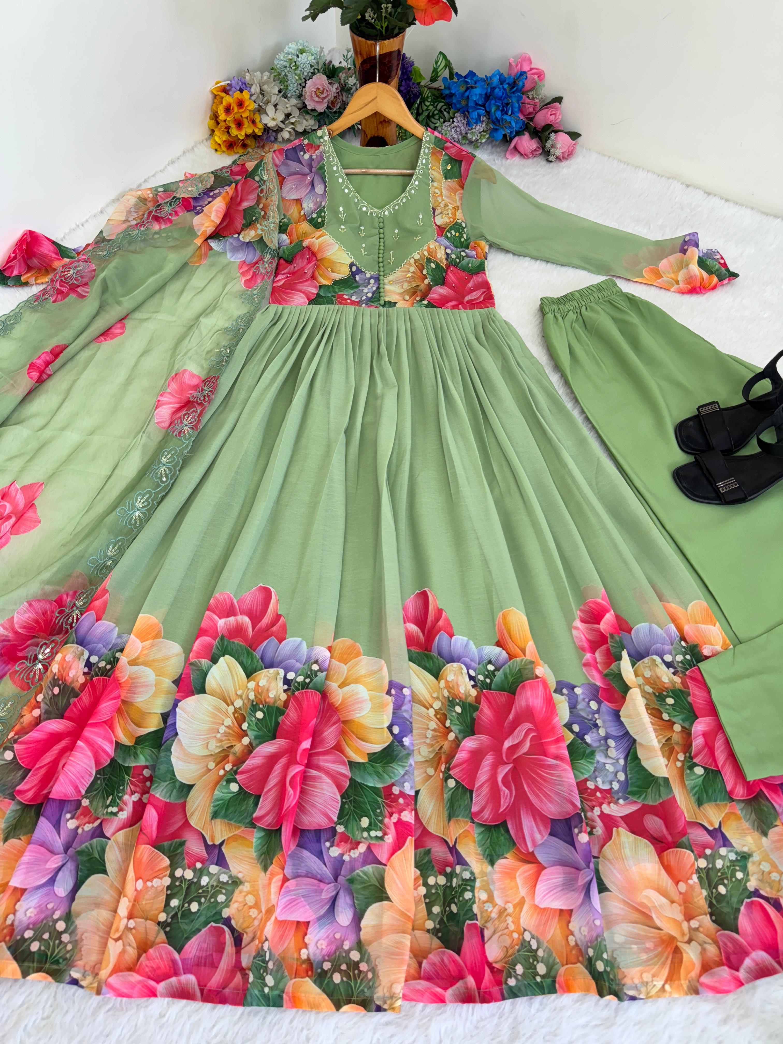 Beautifull Flower Work Georgette With Hand Work Gown