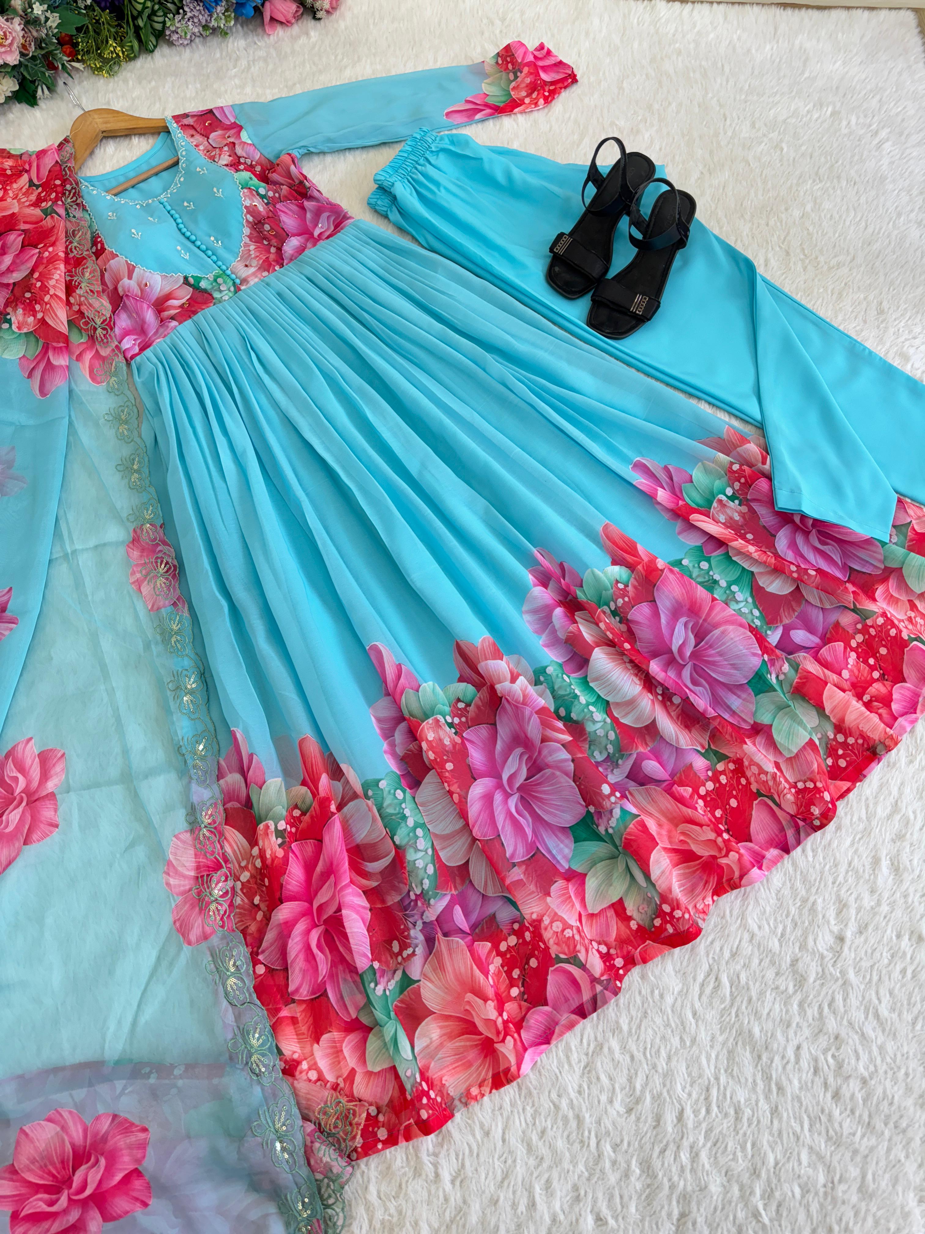 Beautifull Flower Work Georgette With Hand Work Gown