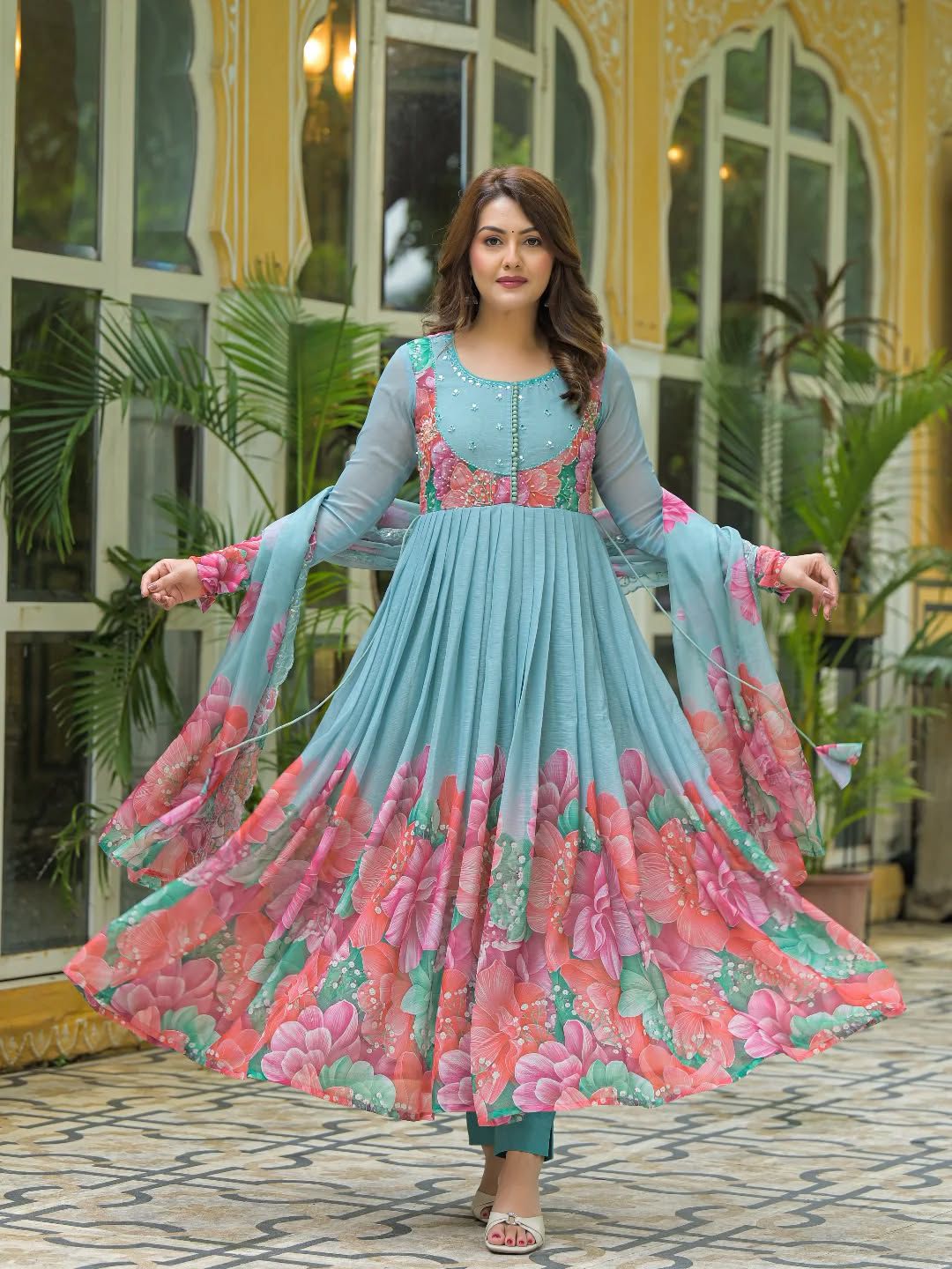 Beautifull Flower Work Georgette With Hand Work Gown
