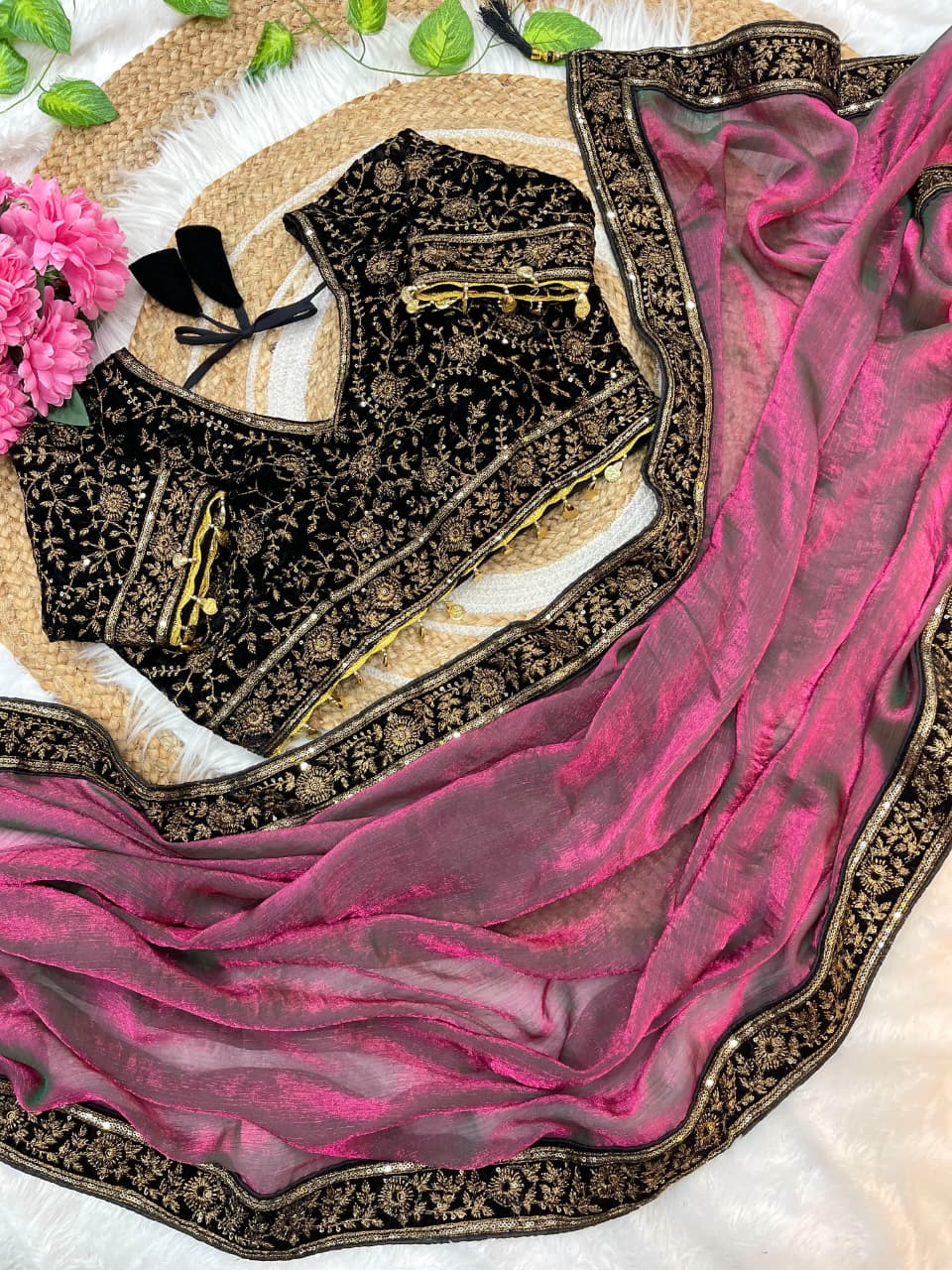 PURE SPACE SILK  SAREE WITH SEQUENCE EMBROIDERY WORK WITH STITCHED BLOUSE