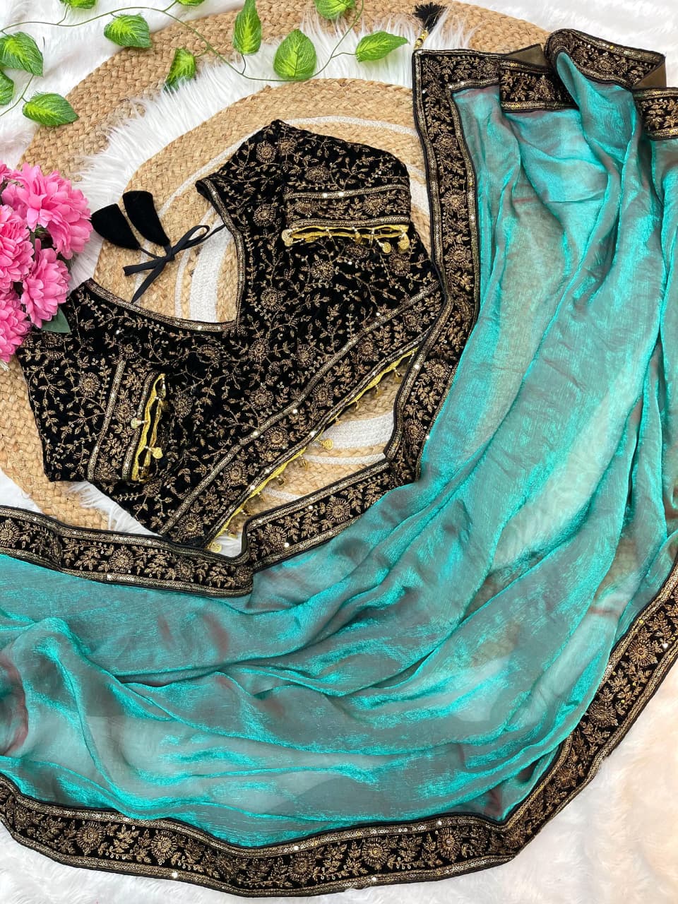 PURE SPACE SILK  SAREE WITH SEQUENCE EMBROIDERY WORK WITH STITCHED BLOUSE