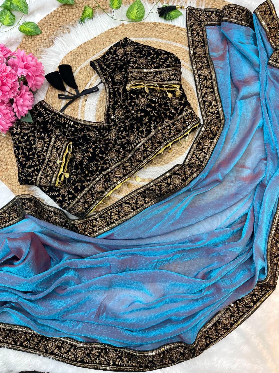 PURE SPACE SILK  SAREE WITH SEQUENCE EMBROIDERY WORK WITH STITCHED BLOUSE