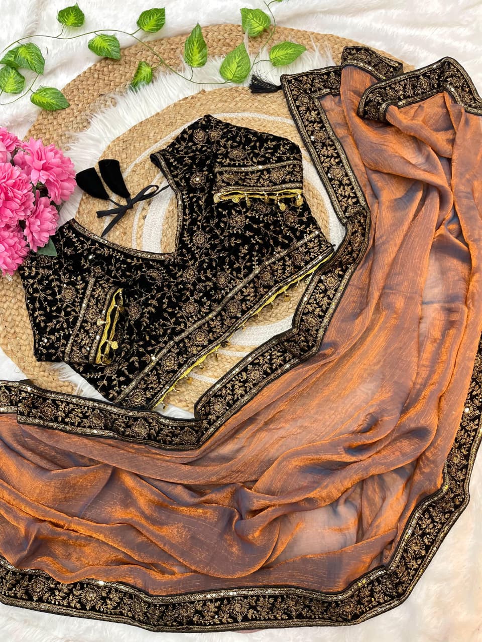 PURE SPACE SILK  SAREE WITH SEQUENCE EMBROIDERY WORK WITH STITCHED BLOUSE