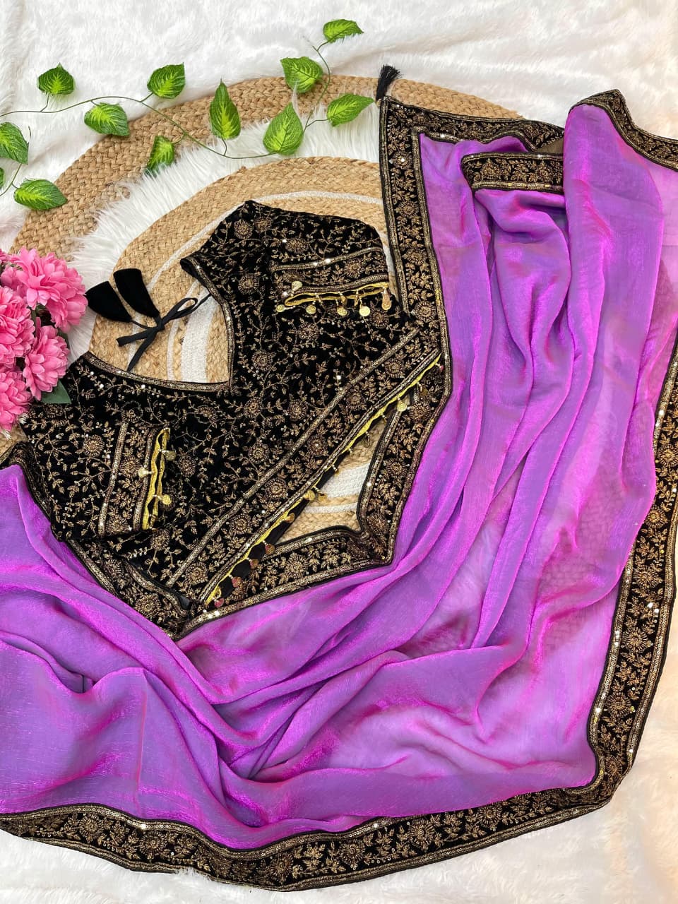 PURE SPACE SILK  SAREE WITH SEQUENCE EMBROIDERY WORK WITH STITCHED BLOUSE
