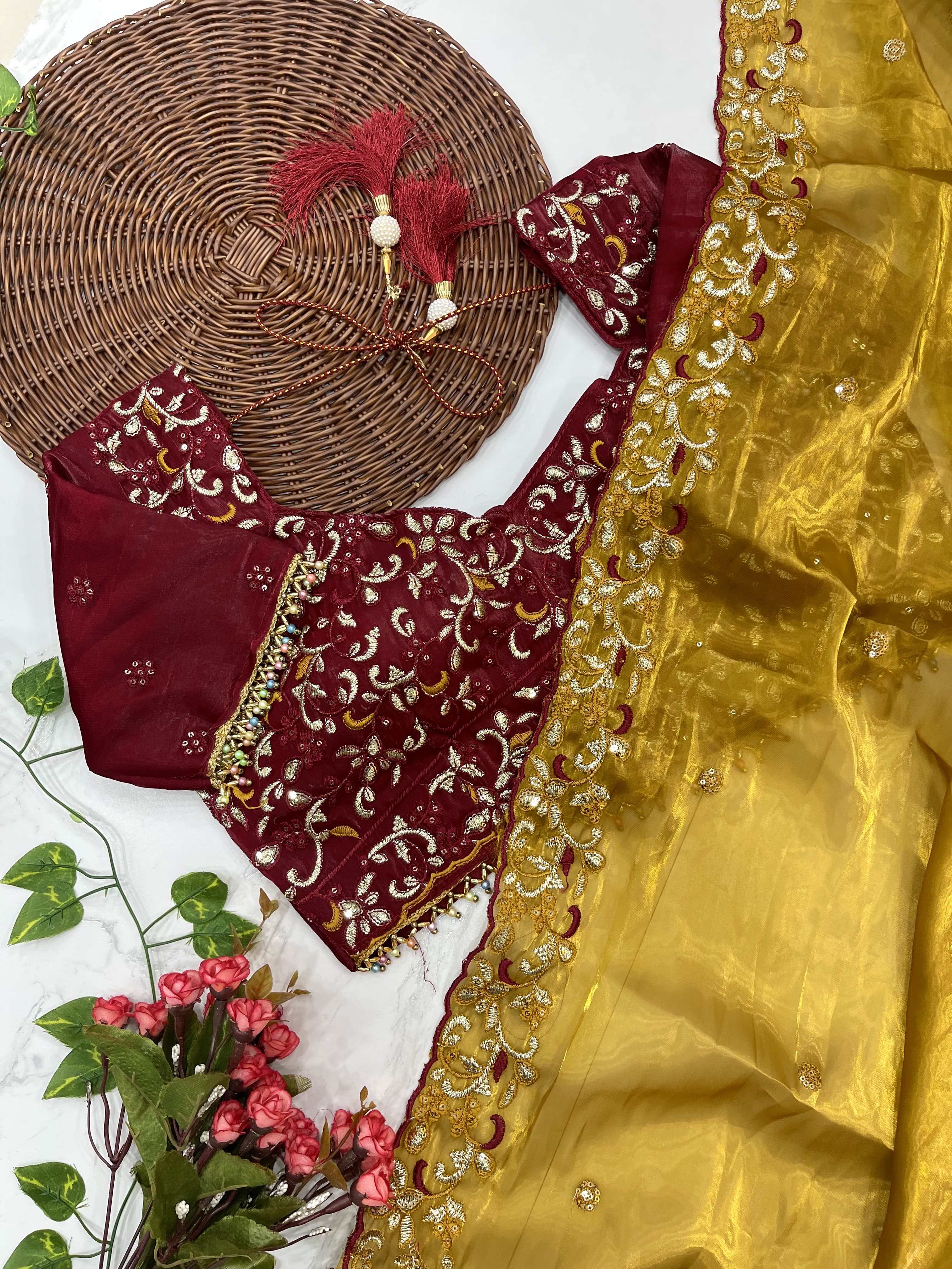Gold Color Soft Zimmy Choo Silk With Embroidery Work Saree