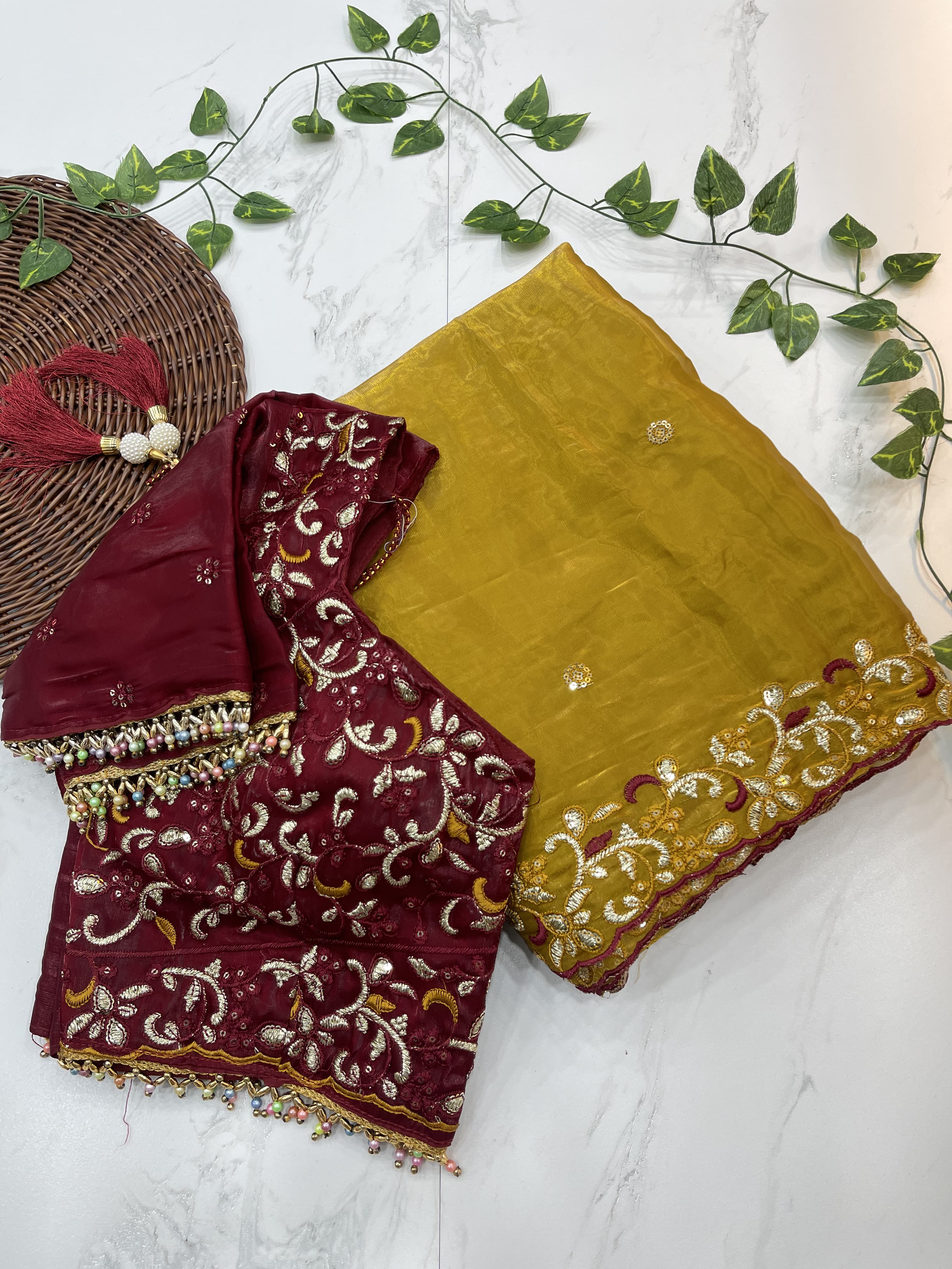 Gold Color Soft Zimmy Choo Silk With Embroidery Work Saree