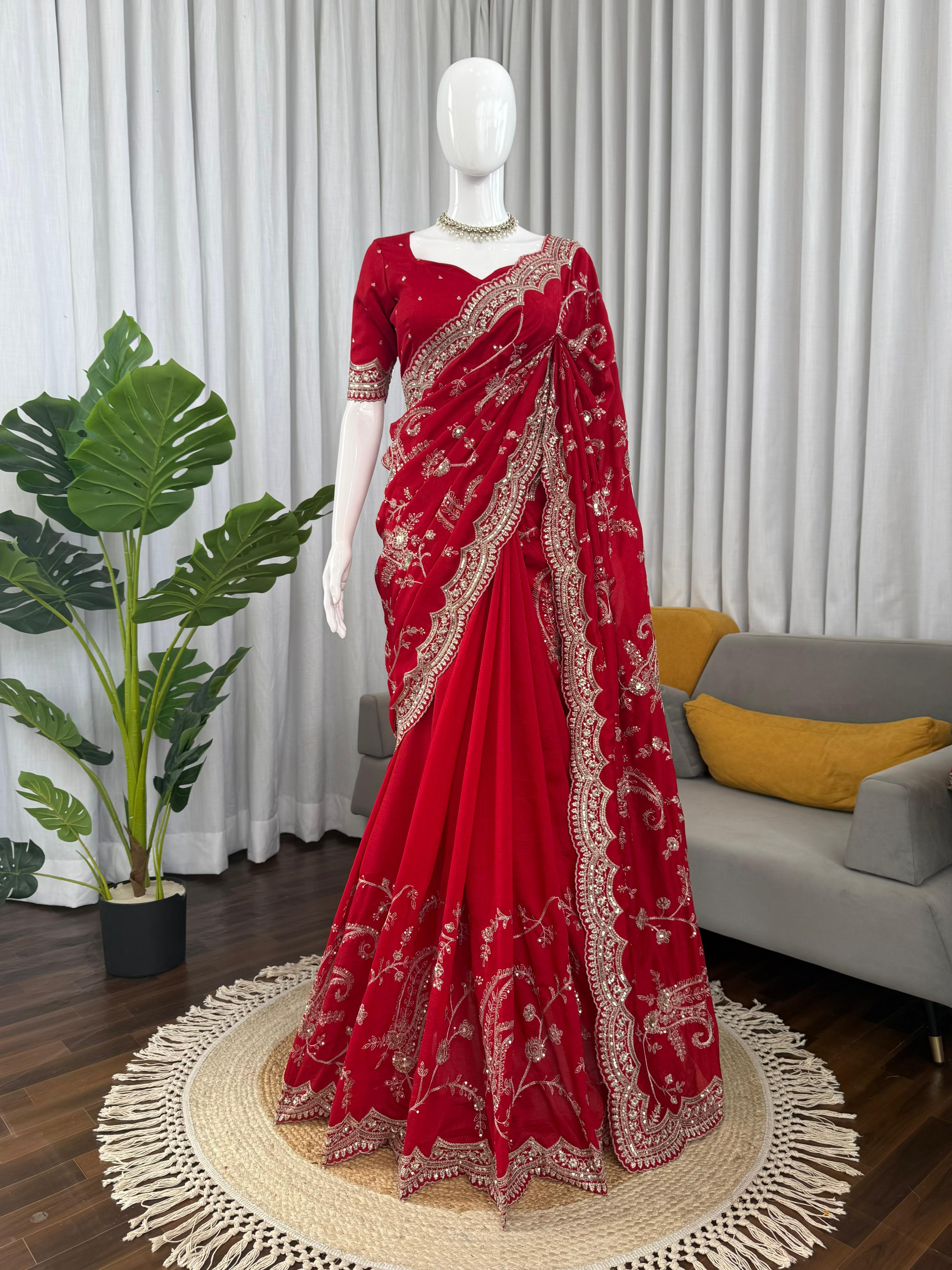 Red Color Vichitra Silk With Sequience Thred Work Saree