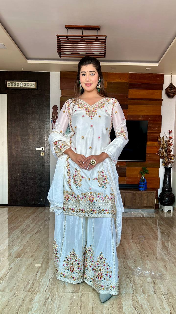 Pure Cinon Silk Heavy Embroidery codding Sequence Work Top