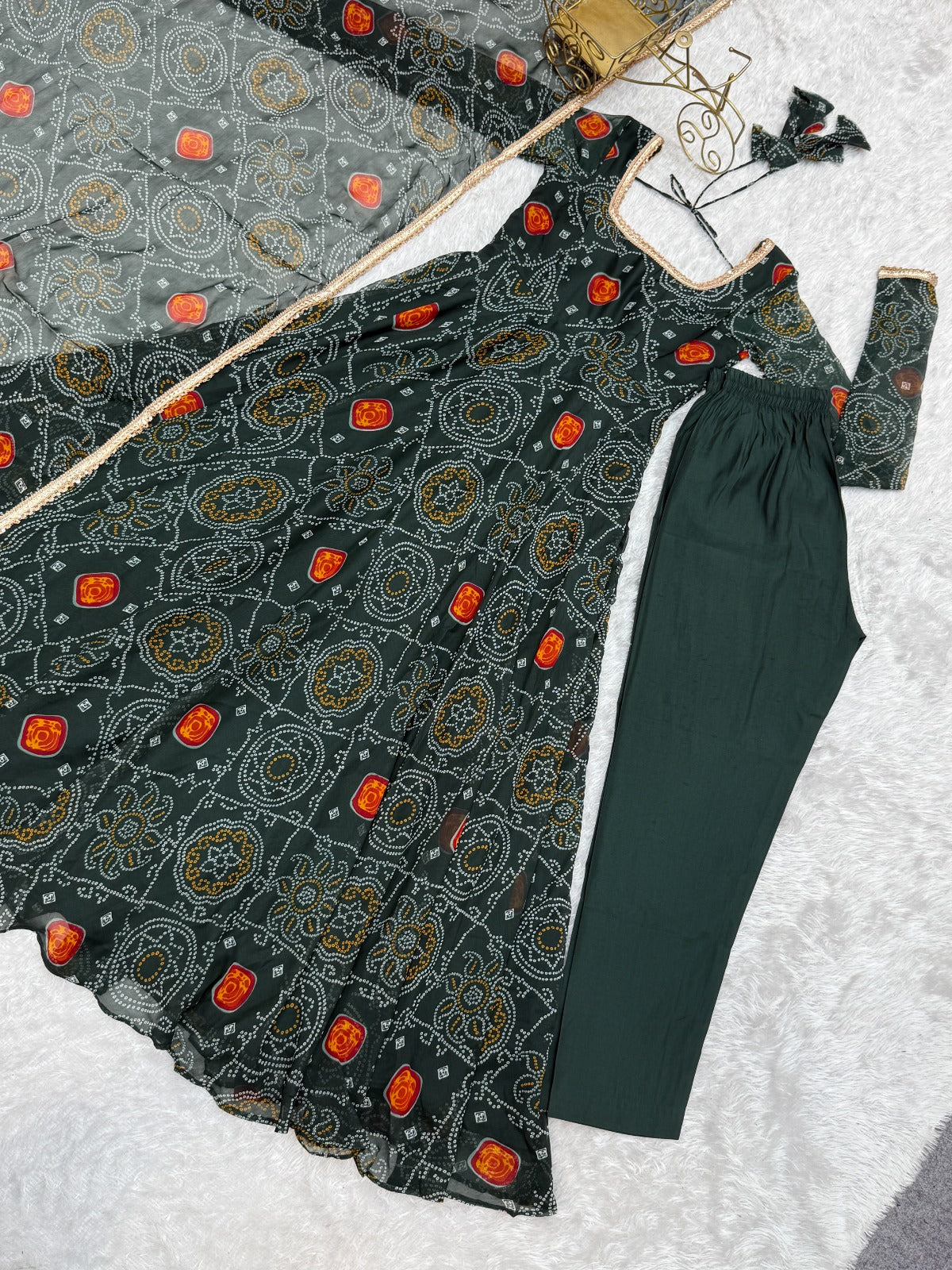 PURE SOFT LIGHTWEIGHT CHIFFON BANDHEJ FABRIC And FANCY YOKE LACE WORK Anarkali Gown