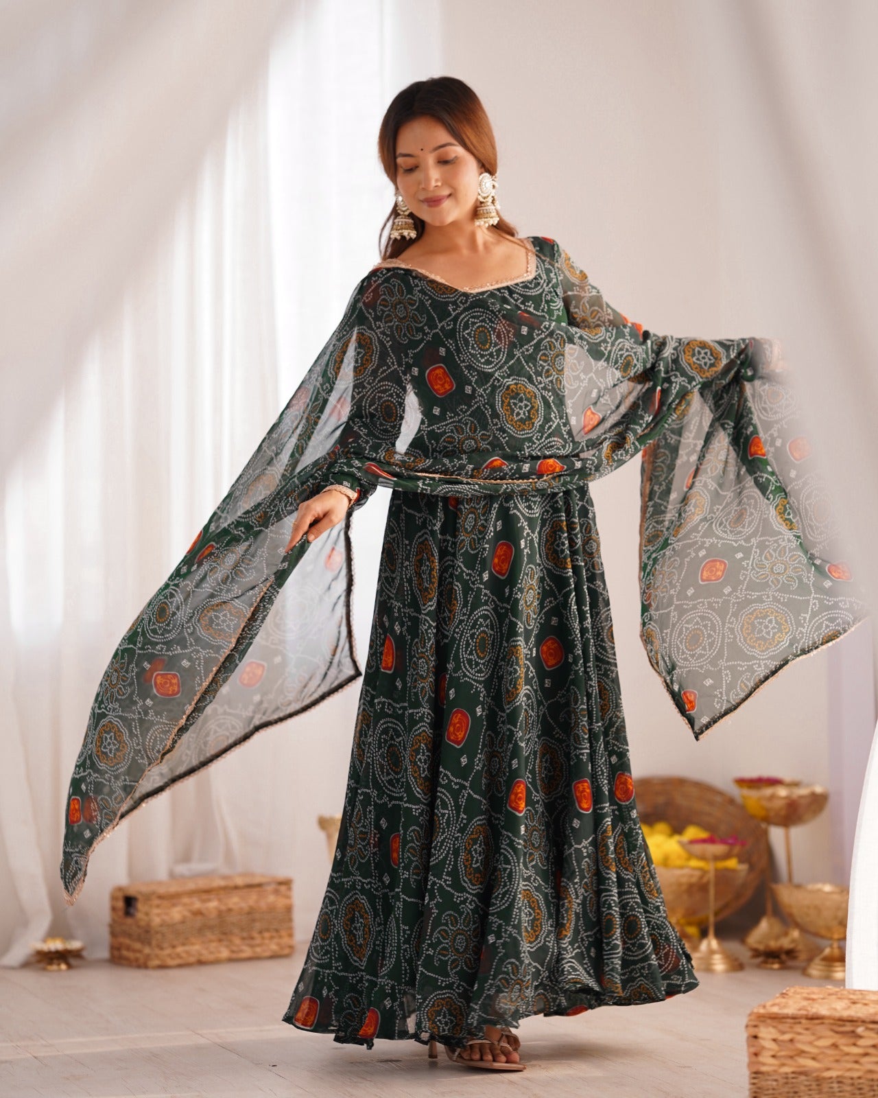 PURE SOFT LIGHTWEIGHT CHIFFON BANDHEJ FABRIC And FANCY YOKE LACE WORK Anarkali Gown